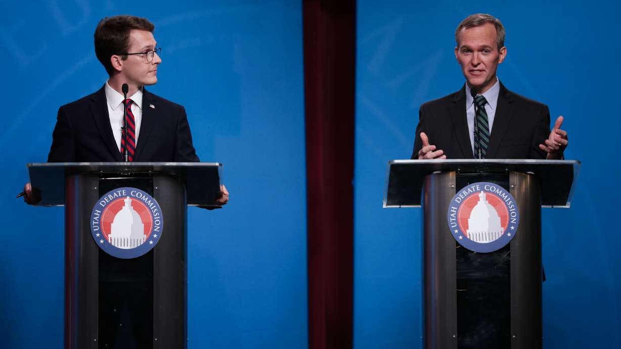 Candidates for Utah’s 1st Congressional District Republican Riley Owen, left, and Democrat Ben McAdams participate in a debate at Salt Lake Community College, Tuesday in Salt Lake City.