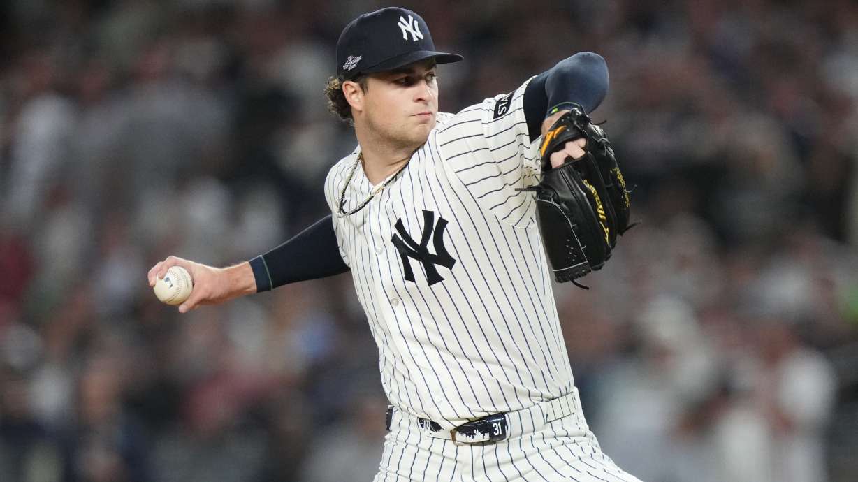 New York Yankees starting pitcher Cam Schlittler throws to the Boston Red Sox during the first inning in Game 1 of baseball's American League Wild Card Series, Tuesday, Sept. 29, 2026, in New York.