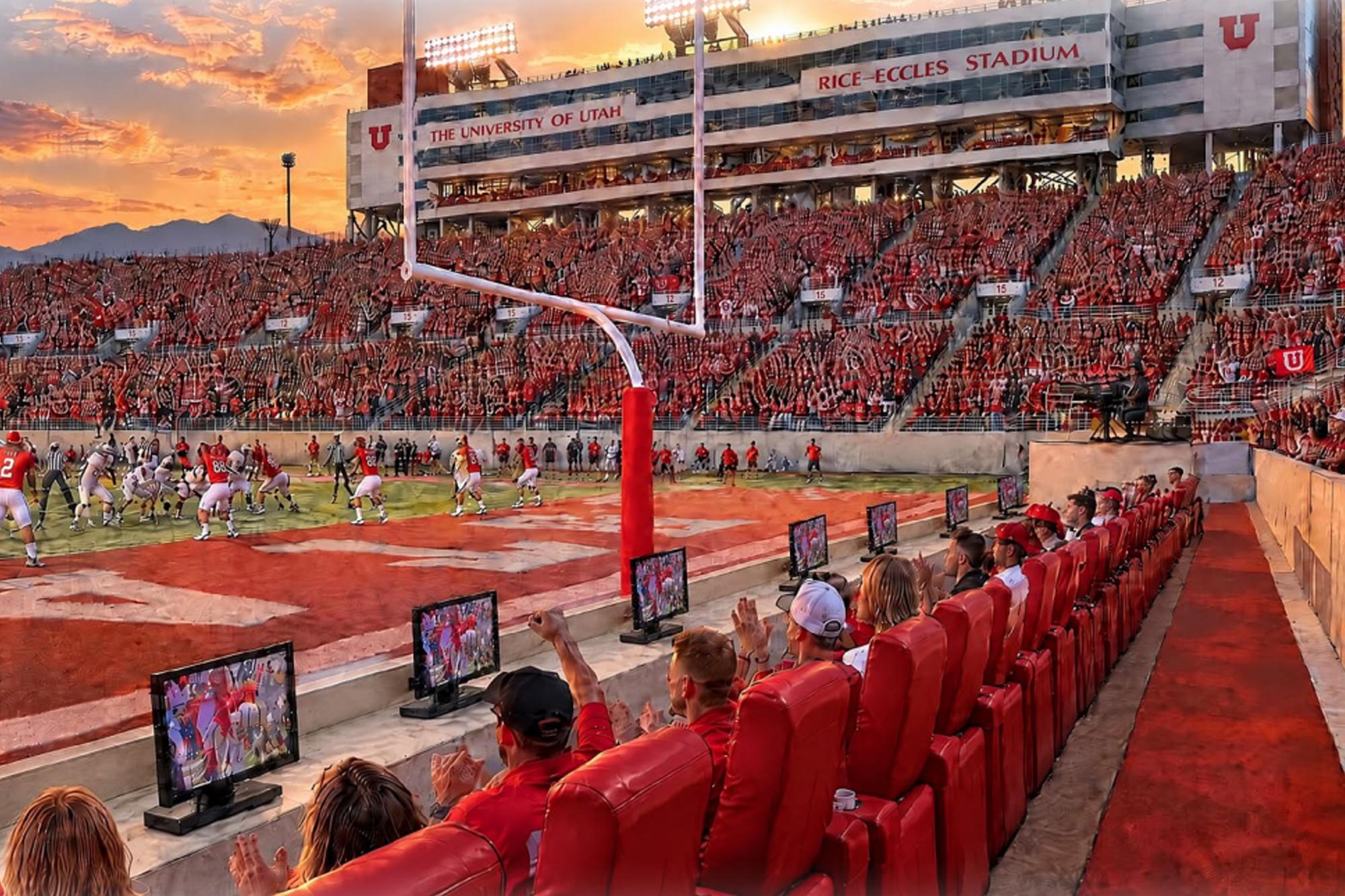 An artist rendering of the ALKEME Field Boxes in the north end zone of Rice-Eccles Stadium.