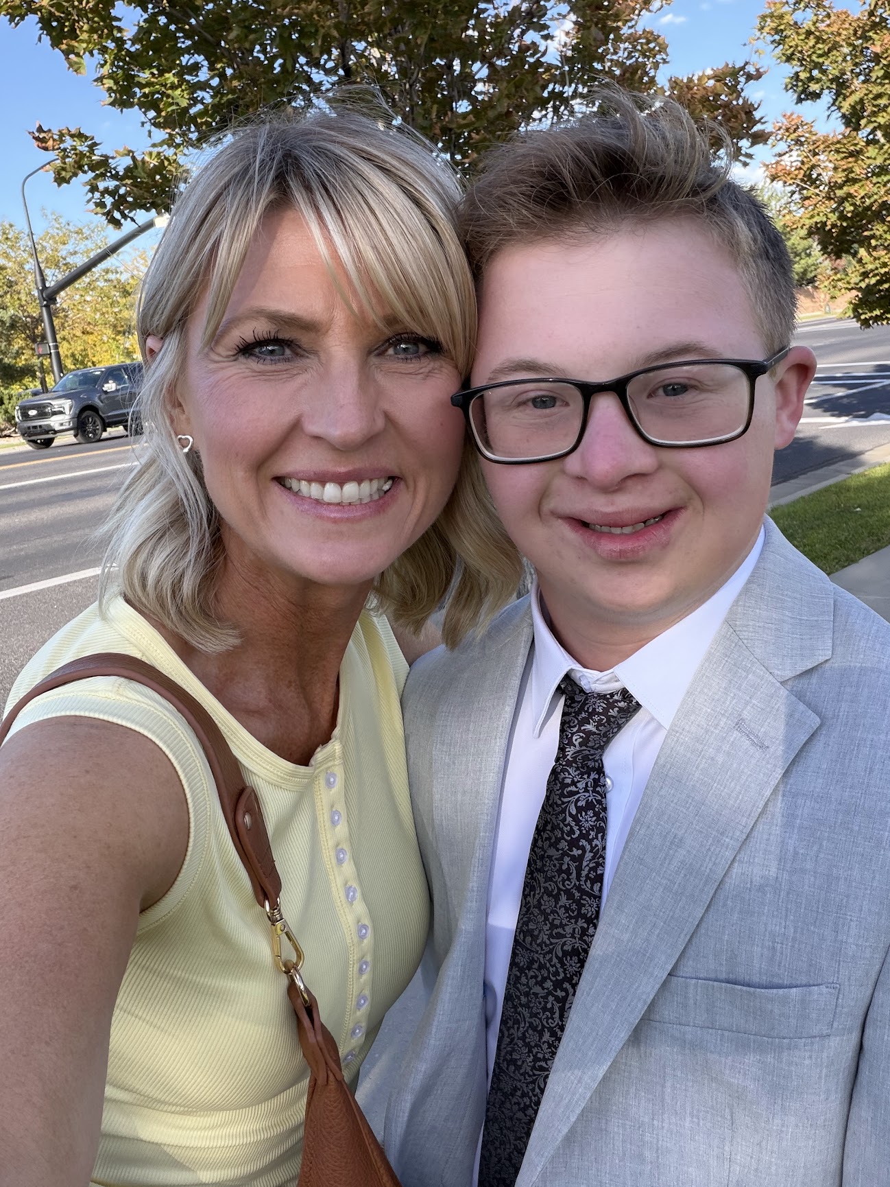 Kimberly DowDell and her son, Jack DowDell, who went to his first Homecoming dance at Bingham High School with Ava Mousley.