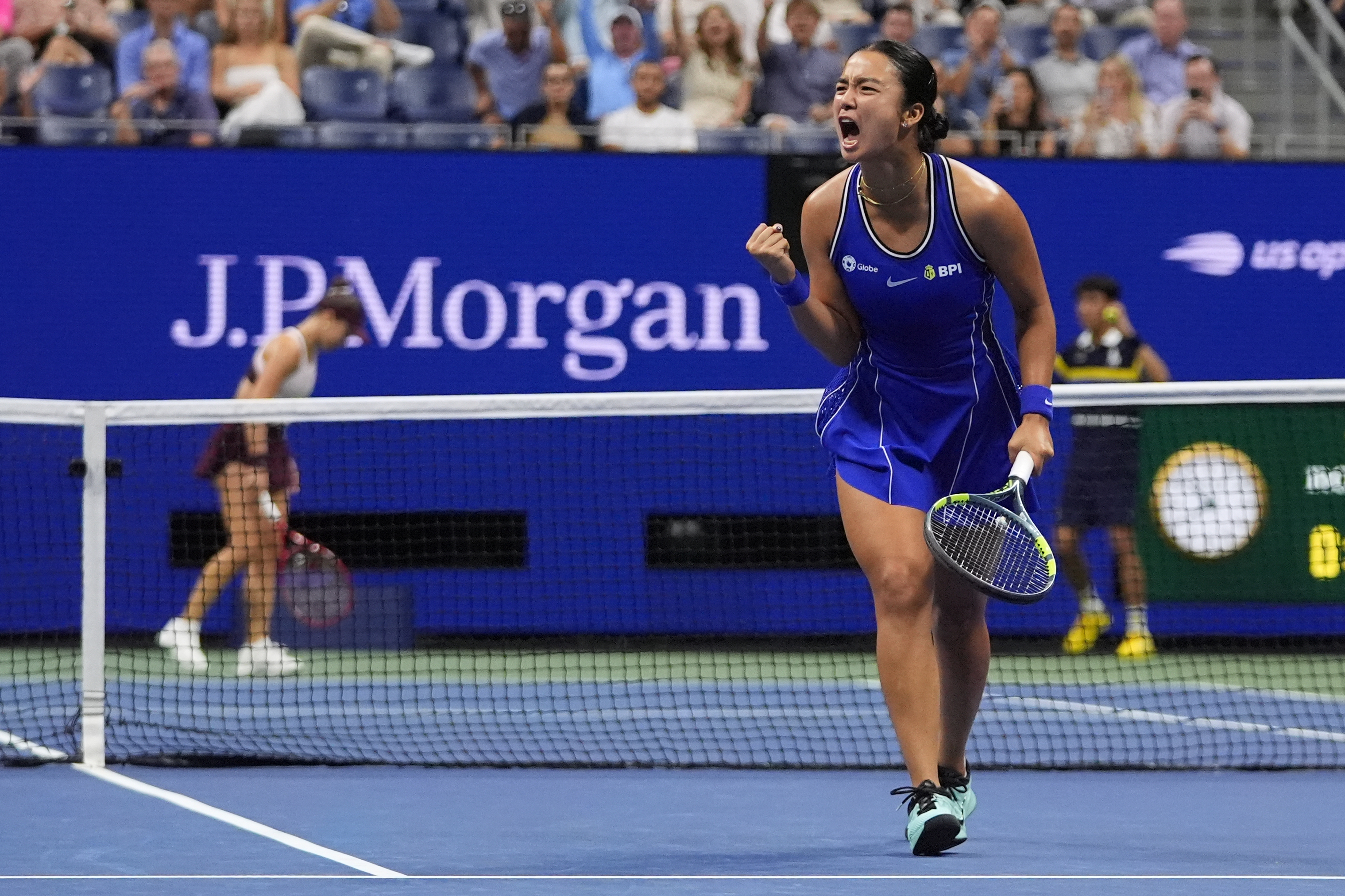 Alexandra Eala, of the Philippines, celebrates after a point against Iva Jovic, of the United States, during the third round of the U.S. Open tennis championships, Saturday, Sept. 5, 2026, in New York. 