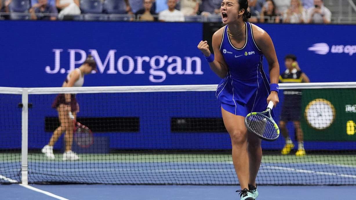 Alexandra Eala, of the Philippines, celebrates after a point against Iva Jovic, of the United States, during the third round of the U.S. Open tennis championships, Saturday, Sept. 5, 2026, in New York.