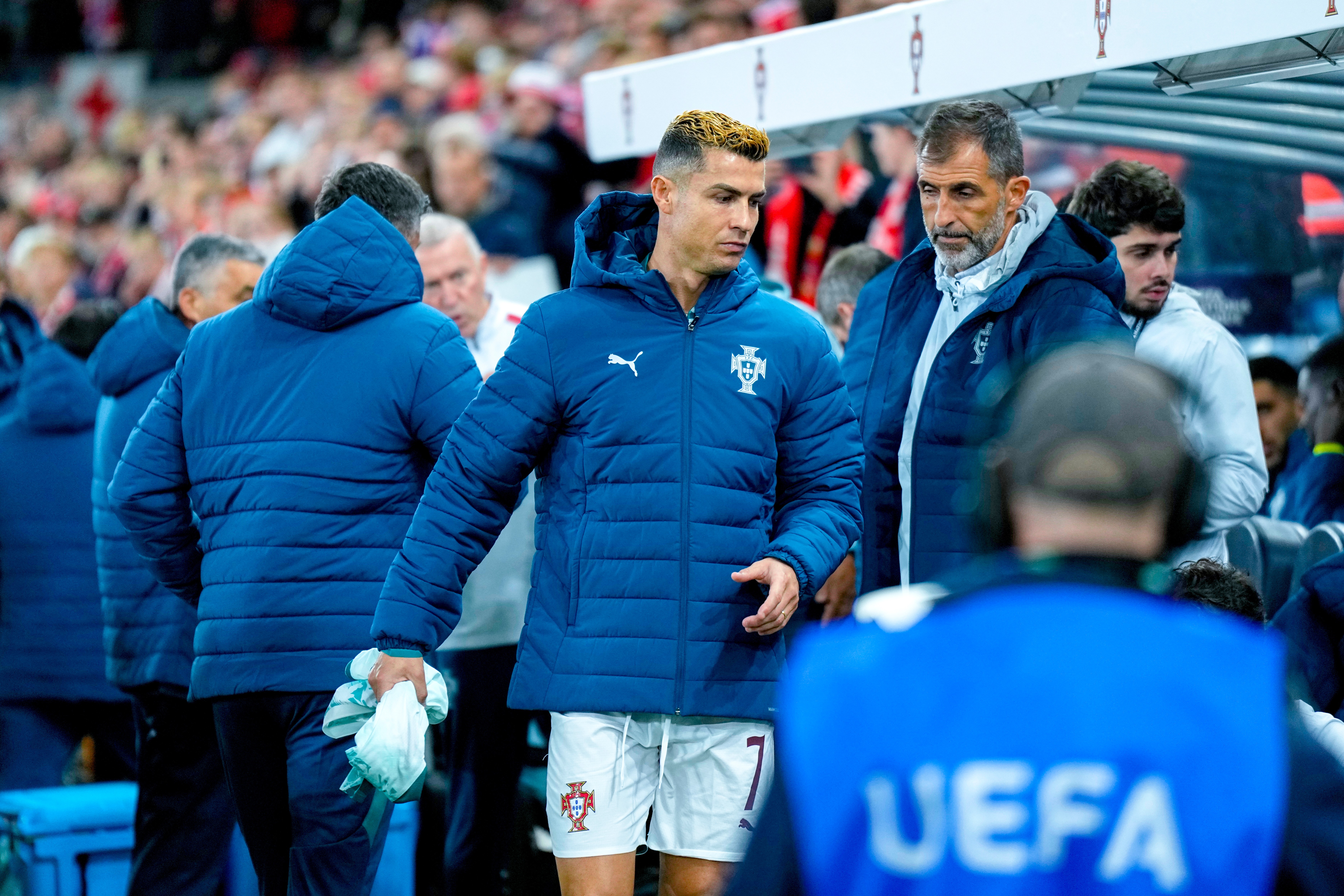 Portugal's Cristiano Ronaldo starts on the bench during a Nations League soccer match between between Norway and Portugal, in Oslo, Sunday, Sept. 27, 2026. 