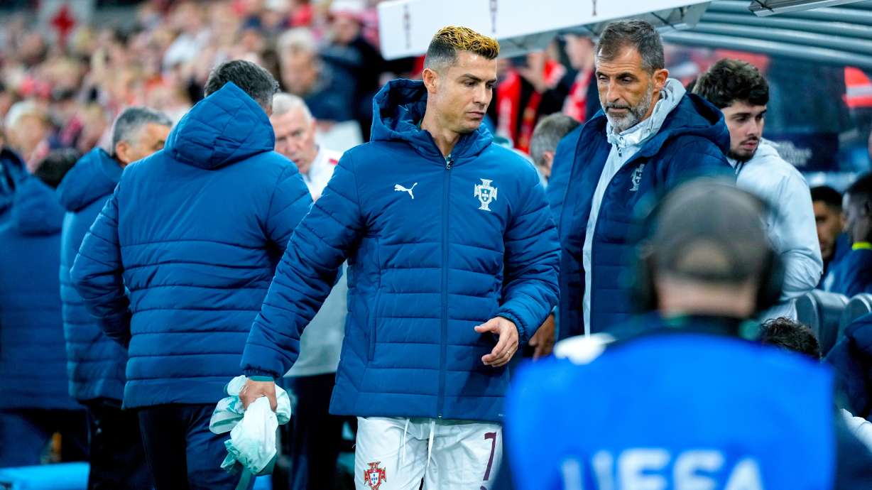 Portugal's Cristiano Ronaldo starts on the bench during a Nations League soccer match between between Norway and Portugal, in Oslo, Sunday, Sept. 27, 2026.