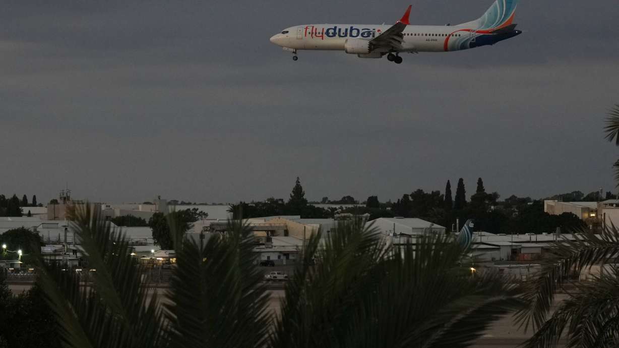 A FlyDubai aircraft carrying Israelis who experienced an emergency landing in Saudi Arabia arrives at Ben Gurion International Airport, near Tel Aviv, Israel, Wednesday.