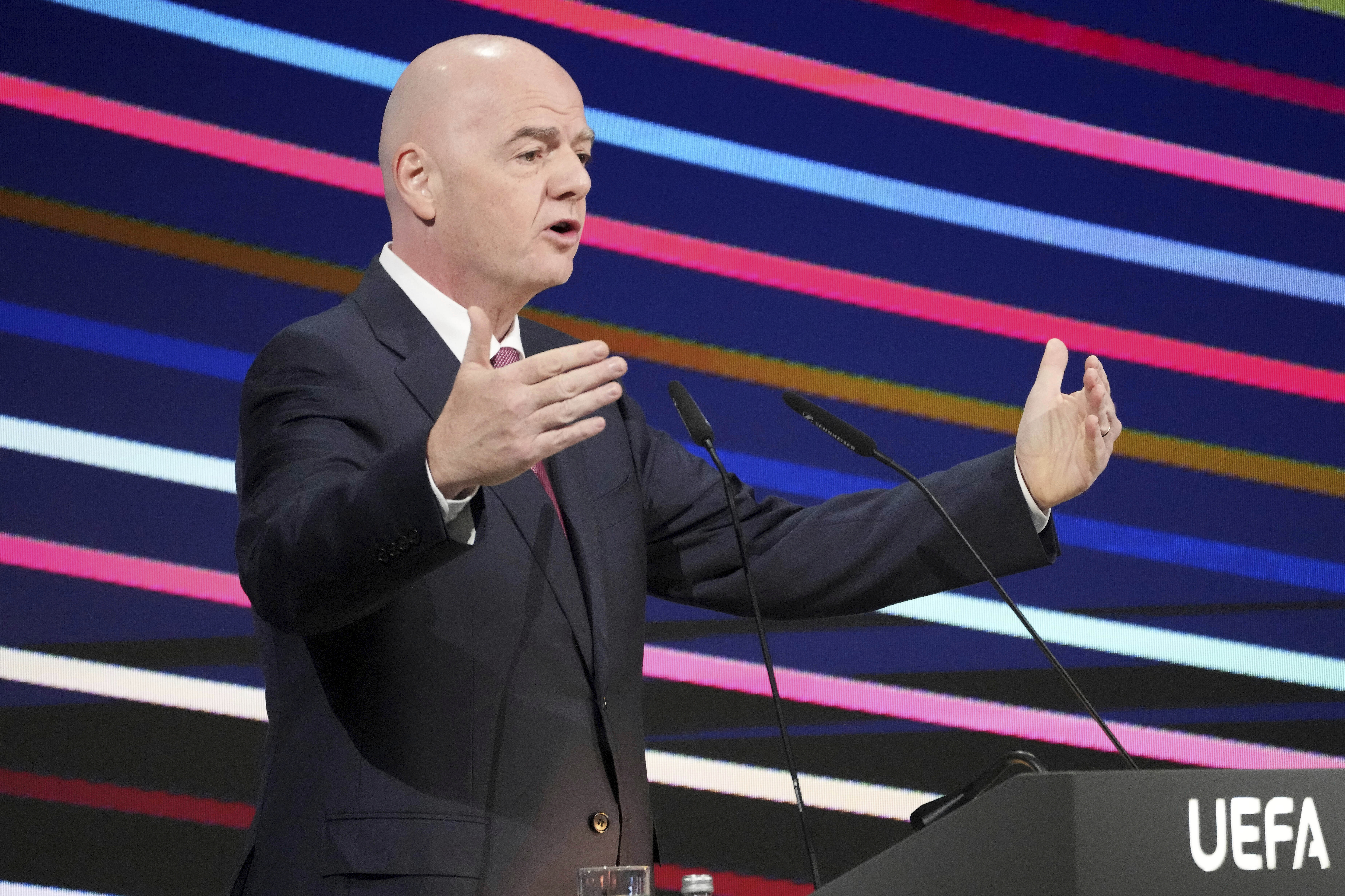 FILE - FIFA president Gianni Infantino speaks to delegates at the 49th ordinary UEFA congress in Belgrade, Serbia, April 3, 2025. 