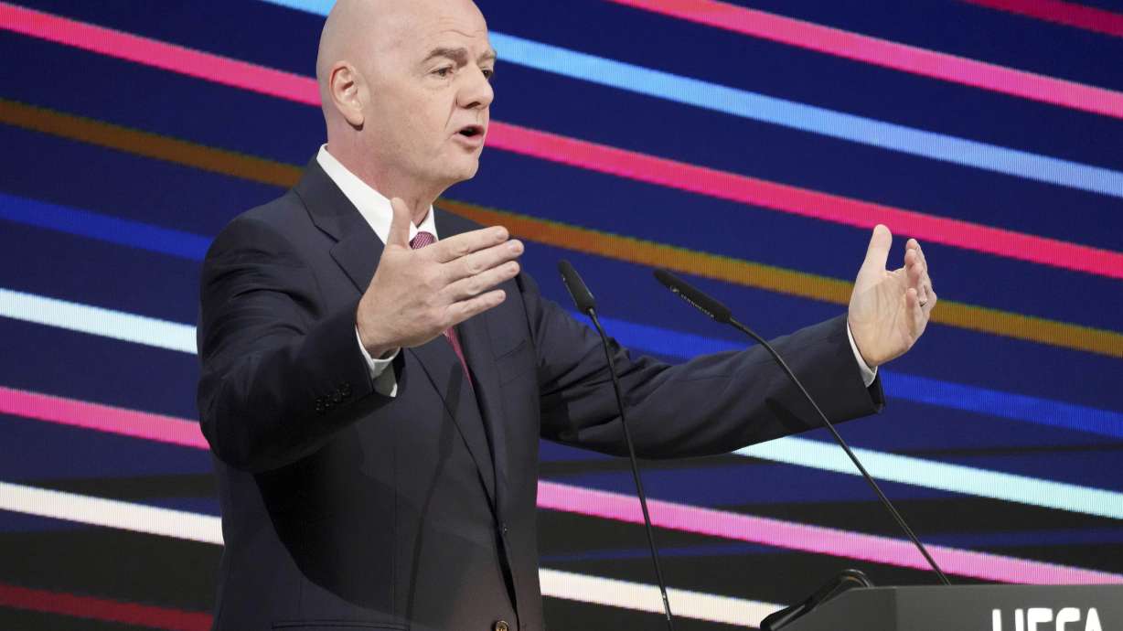 FILE - FIFA president Gianni Infantino speaks to delegates at the 49th ordinary UEFA congress in Belgrade, Serbia, April 3, 2025.