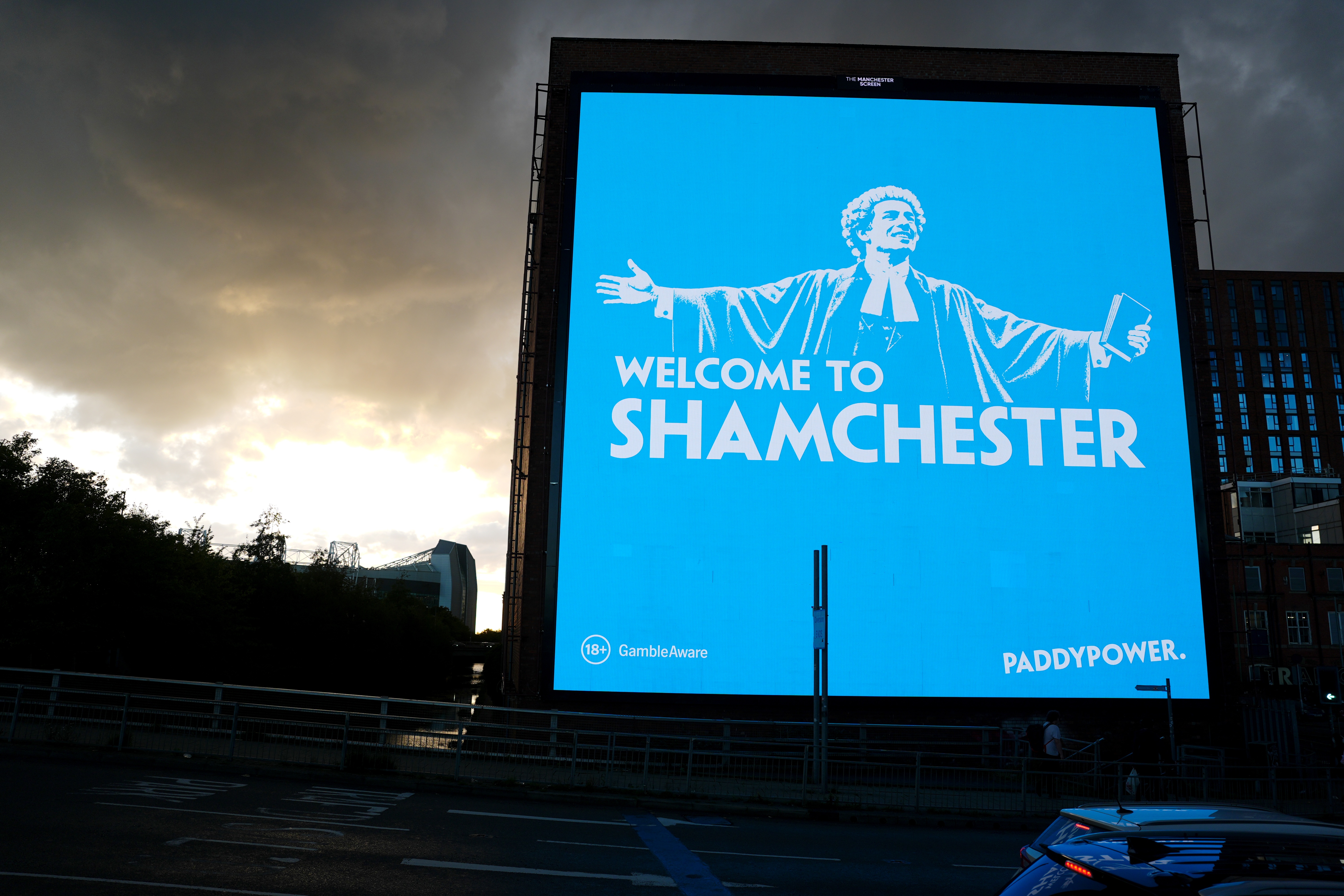 A general view of a billboard featuring a Paddy Power advert that reads 'Shamchester', in Manchester, England, Wednesday, Sept. 30, 2026.