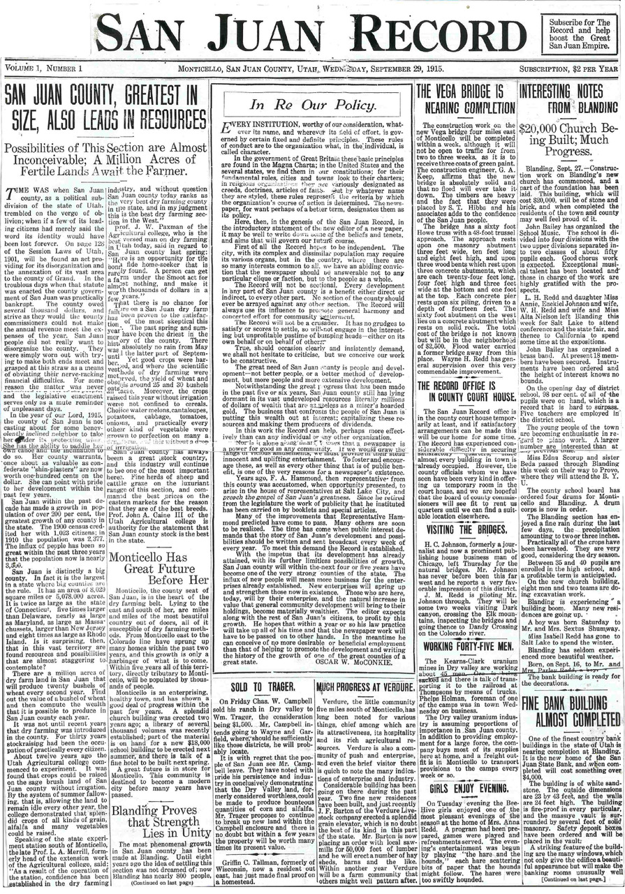 The first print edition of the San Juan Record in 1915 is pictured on Wednesday.