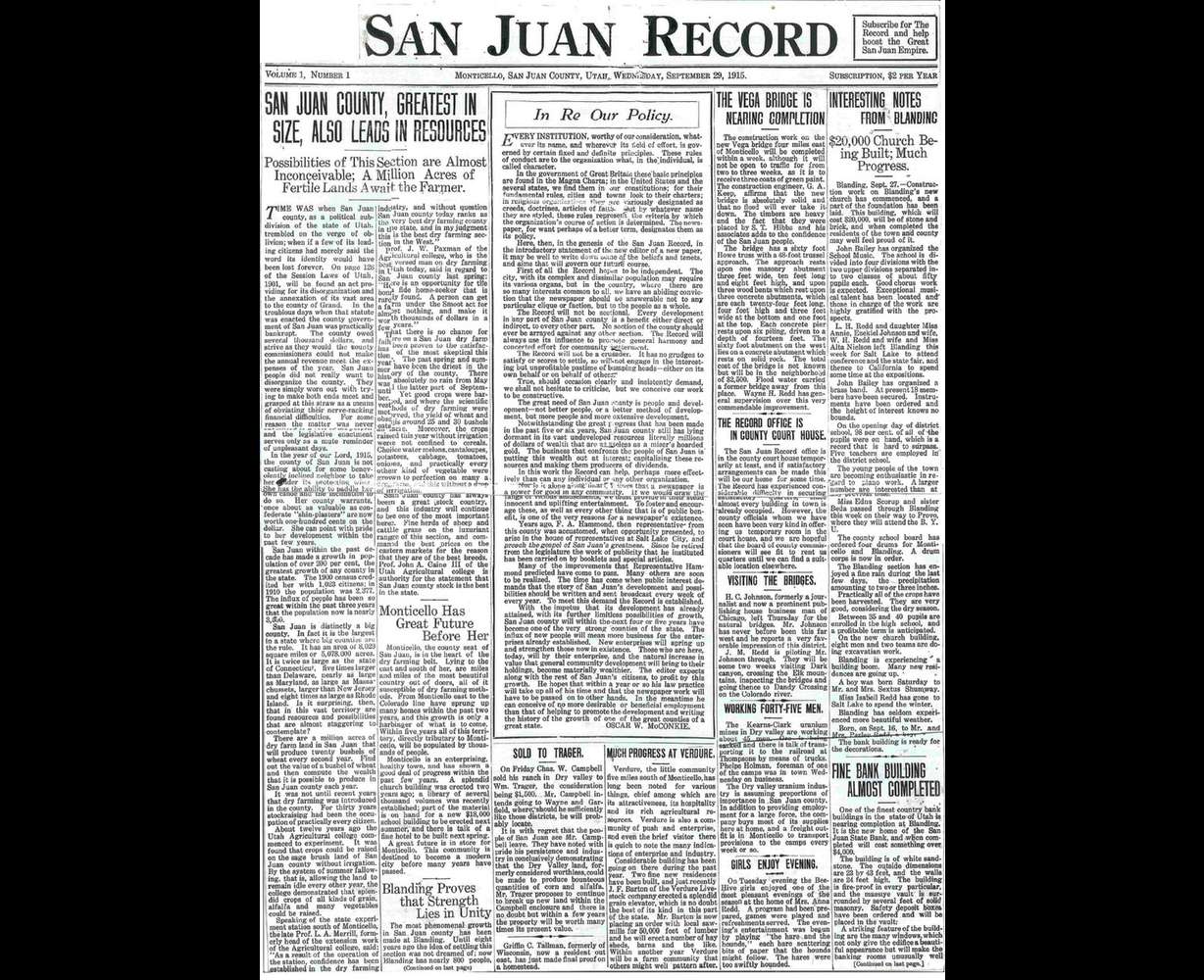 The first print edition of the San Juan Record in 1915 is pictured on Wednesday.
