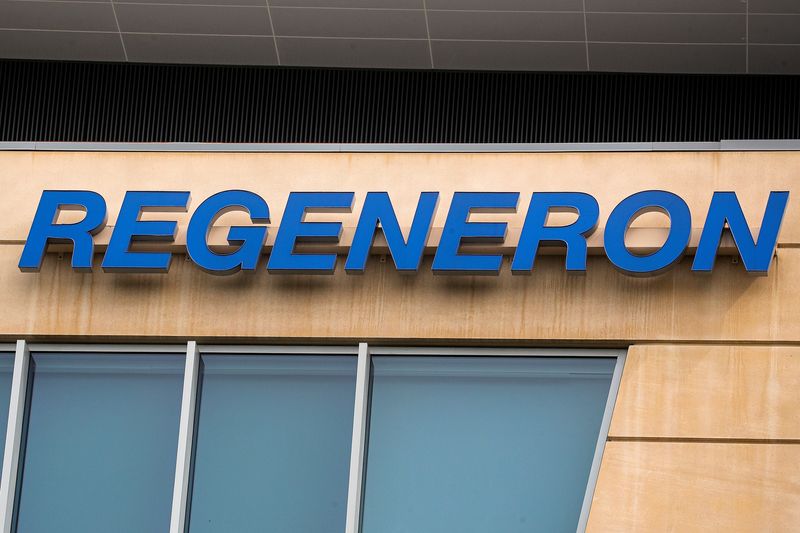 The Regeneron Pharmaceuticals company logo is seen on a building at the company's Westchester campus in Tarrytown, New York, U.S. September 17, 2020.