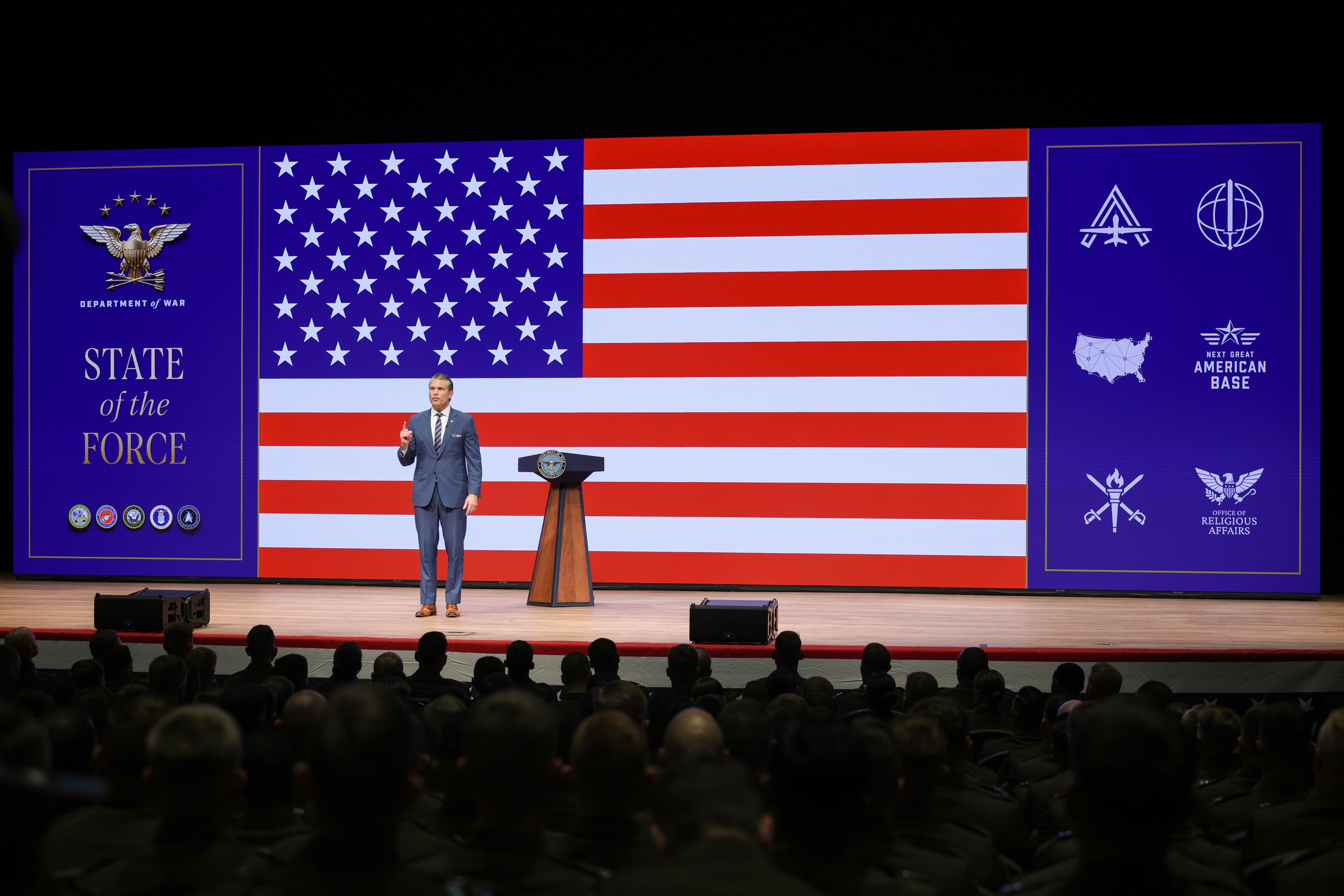 Secretary of Defense Pete Hegseth gives a "State of the Force" address at Marine Corps Base Quantico, Wednesday, in Quantico, Va. Hegseth unveiled several new initiatives in the speech.