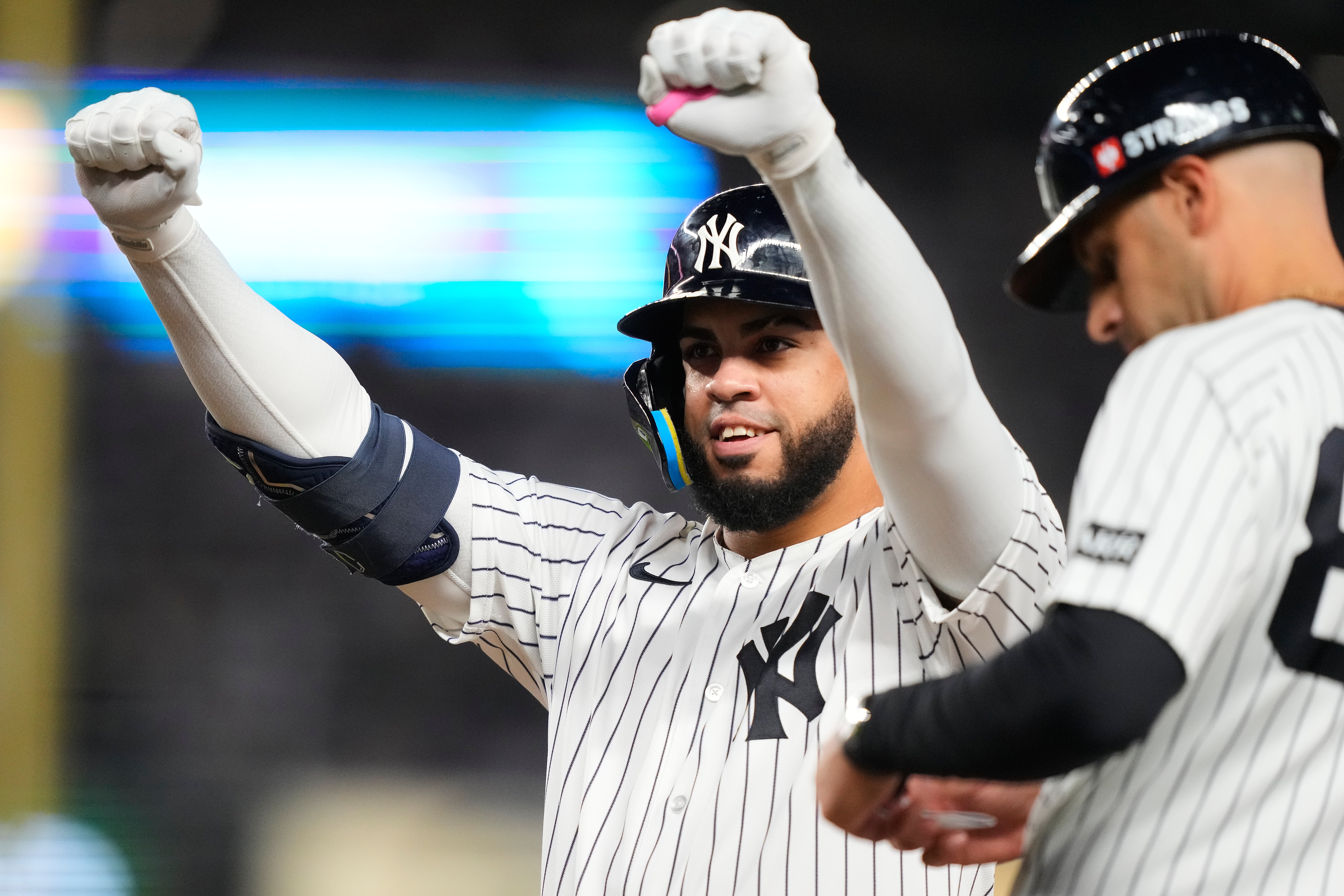 New York Yankees' Luis García Jr. reacts after a single against the Boston Red Sox during the sixth inning in Game 2 of baseball's American League Wild Card Series, Wednesday, Sept. 30, 2026, in New York. 