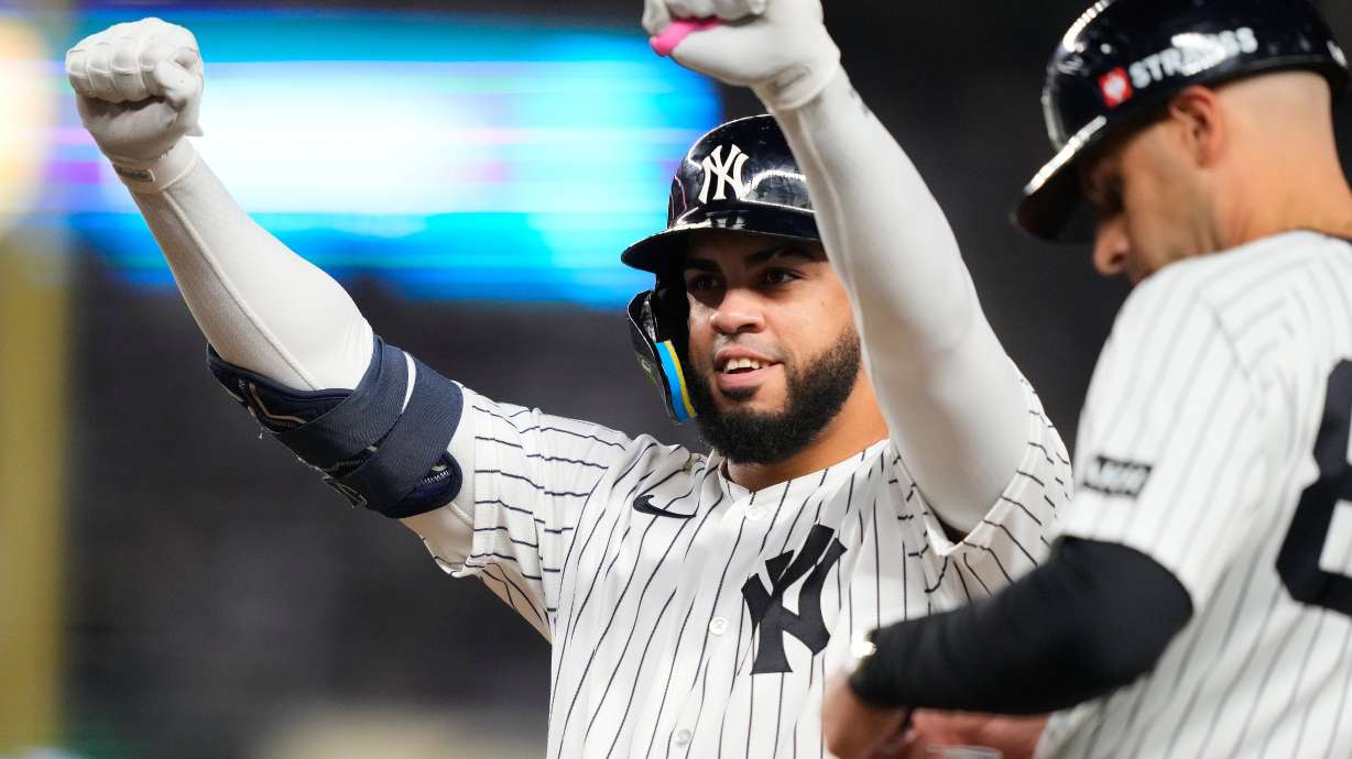 New York Yankees' Luis García Jr. reacts after a single against the Boston Red Sox during the sixth inning in Game 2 of baseball's American League Wild Card Series, Wednesday, Sept. 30, 2026, in New York.
