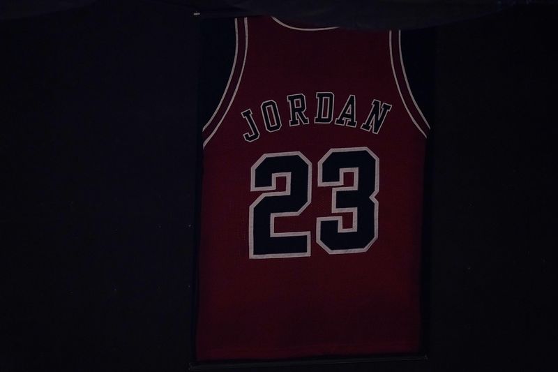 Apr 26, 2021; Miami, Florida, USA; The jersey of former Chicago Bulls player Michael Jordan hangs from the rafters of the arena prior to the game between the Miami Heat and the Chicago Bulls at American Airlines Arena.