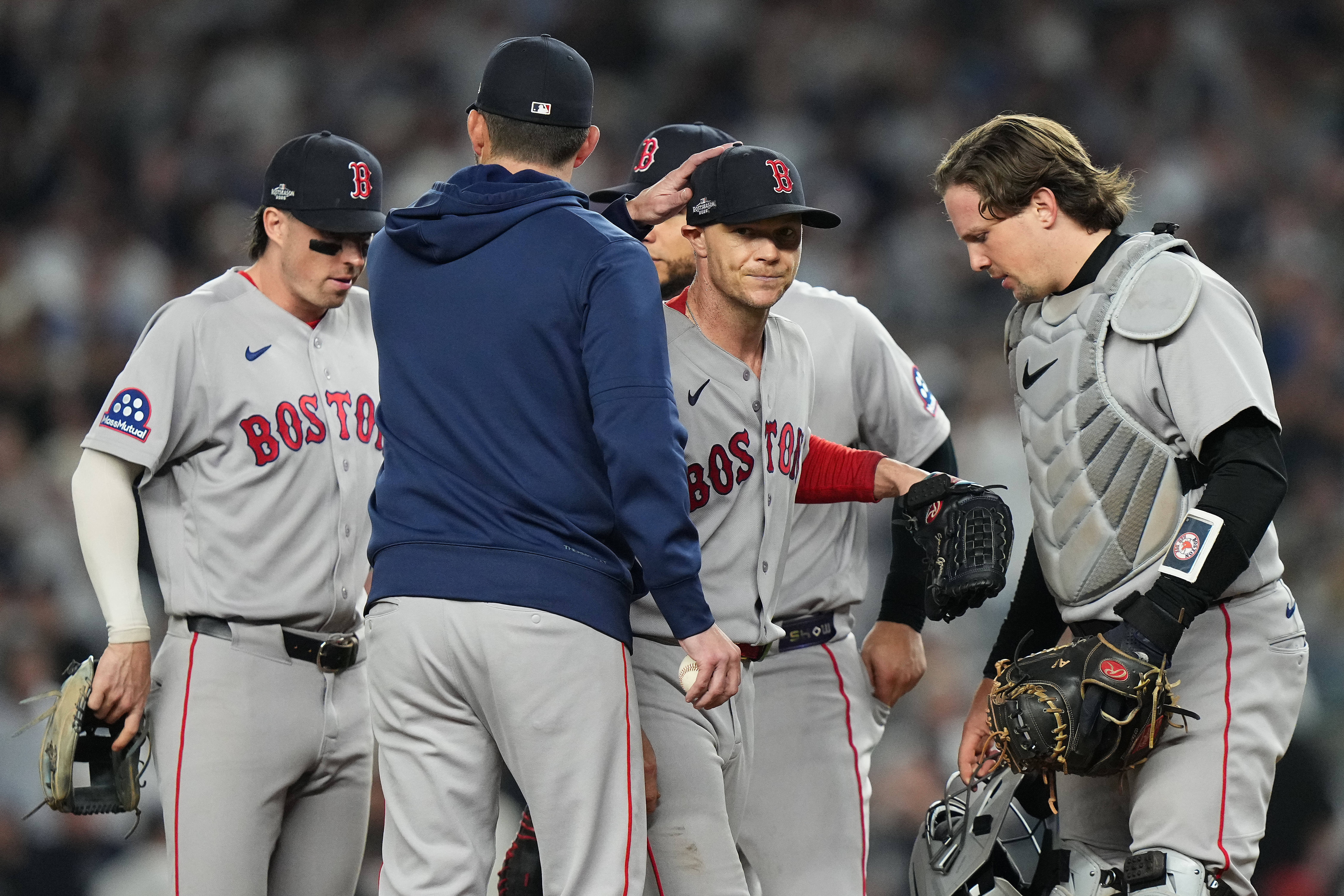 Boston Red Sox starting pitcher Sonny Gray, center facing, is pulled from the game against the New York Yankees during the fifth inning in Game 2 of baseball's American League Wild Card Series, Wednesday, Sept. 30, 2026, in New York. 