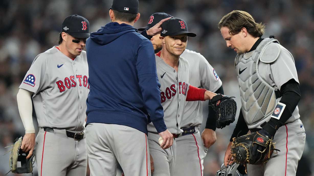 Boston Red Sox starting pitcher Sonny Gray, center facing, is pulled from the game against the New York Yankees during the fifth inning in Game 2 of baseball's American League Wild Card Series, Wednesday, Sept. 30, 2026, in New York.