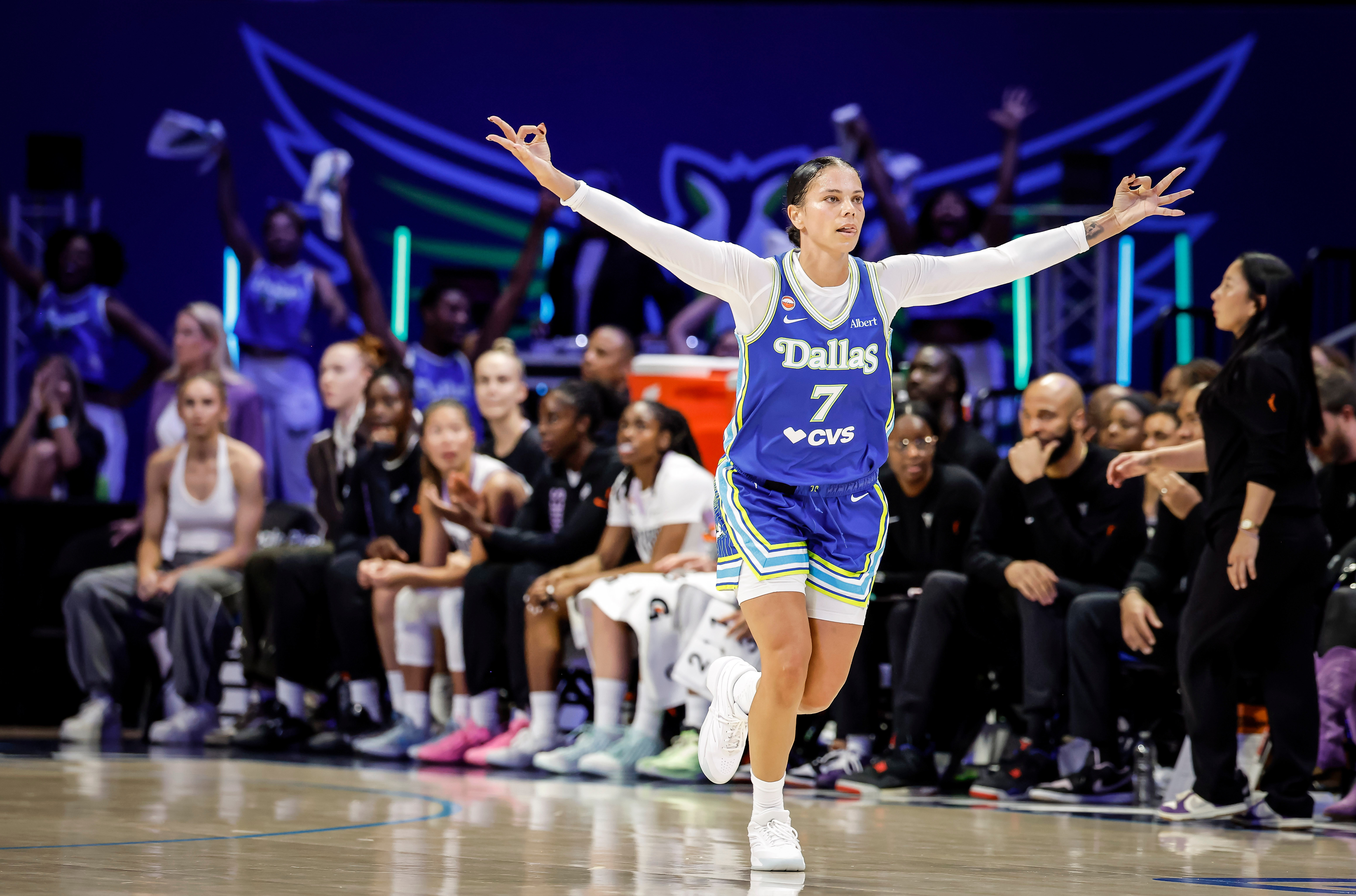 Alysha Clark (7) celebrates a 3-point basket in the first half as the Golden State Valkyries play the Dallas Wings in Game 2 of the WNBA playoffs first round in Arlington, Texas, on Wednesday, Sept. 30, 2026. 
