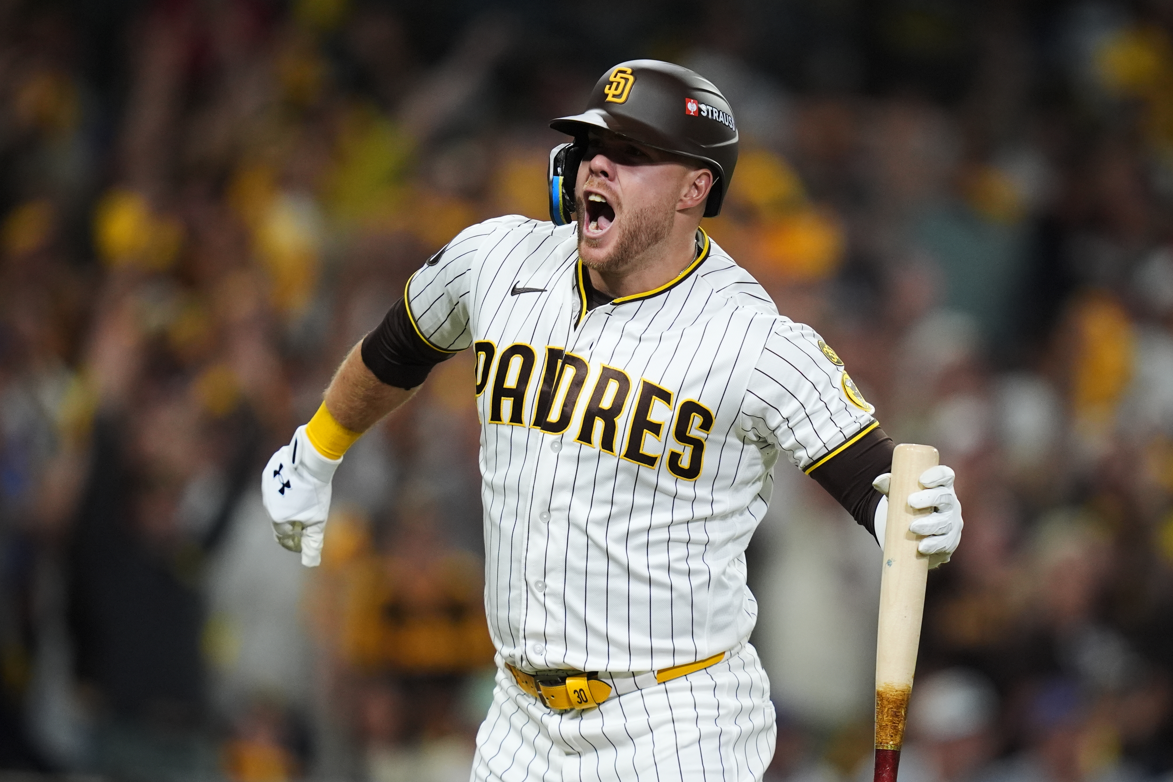 San Diego Padres Gavin Sheets celebrates his two-run home run against the Chicago Cubs in the fourth inning of Game 2 of the National League Wild Card baseball playoff series Wednesday, Sept. 30, 2026, in San Diego. 