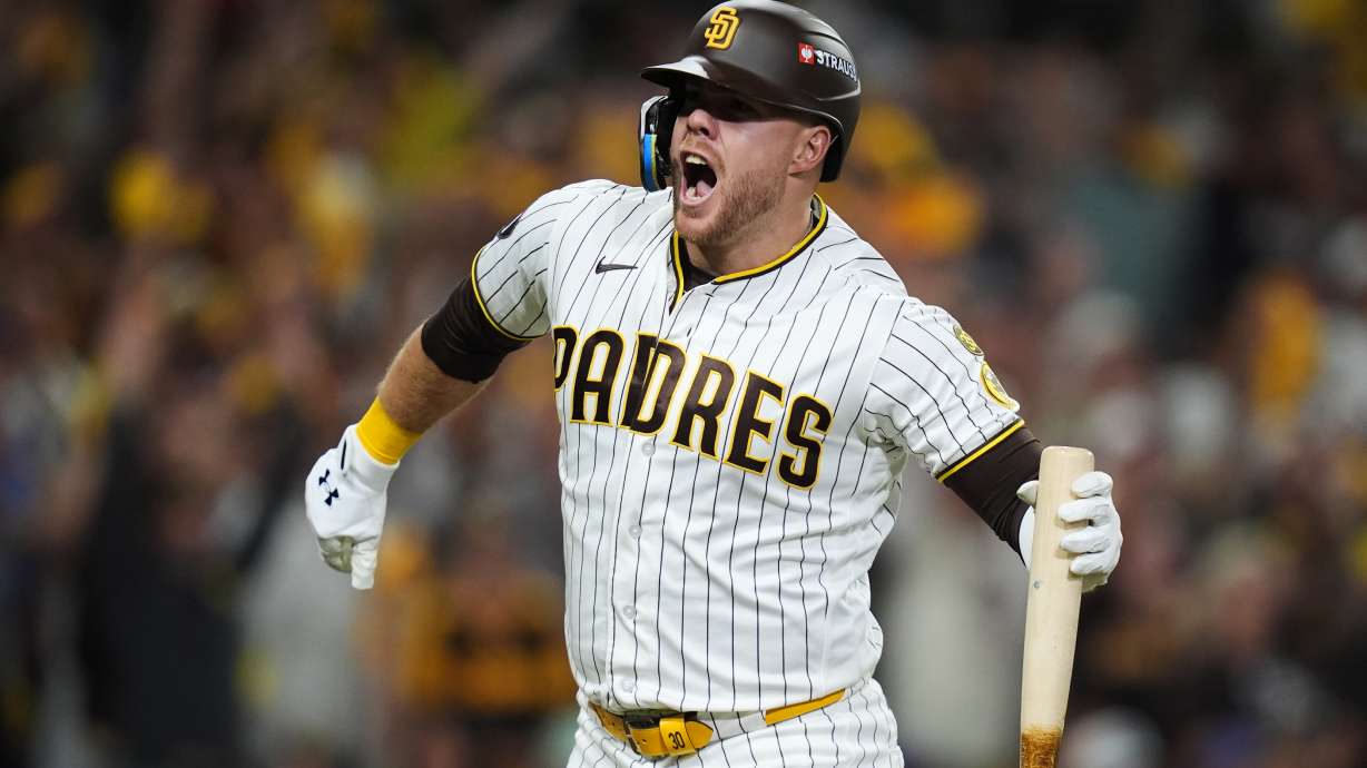 San Diego Padres Gavin Sheets celebrates his two-run home run against the Chicago Cubs in the fourth inning of Game 2 of the National League Wild Card baseball playoff series Wednesday, Sept. 30, 2026, in San Diego.