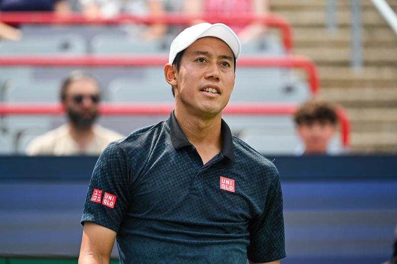 FILE PHOTO: Aug 1, 2026; Montreal, QC, Canada; Kei Nishikori (JPN) looks on against Michael Zheng (USA) in qualifying play at IGA Stadium.