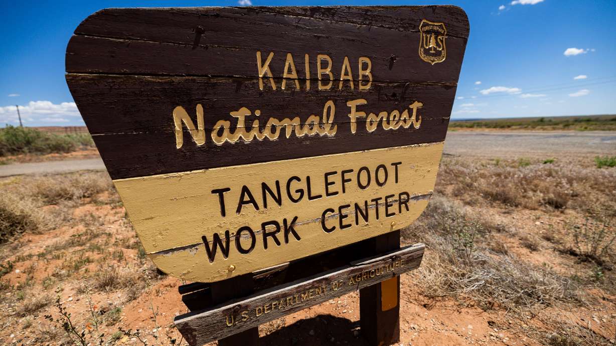 A sign for the Kaibab National Forest Tanglefoot Work Center near Fredonia, Ariz., on May 16.