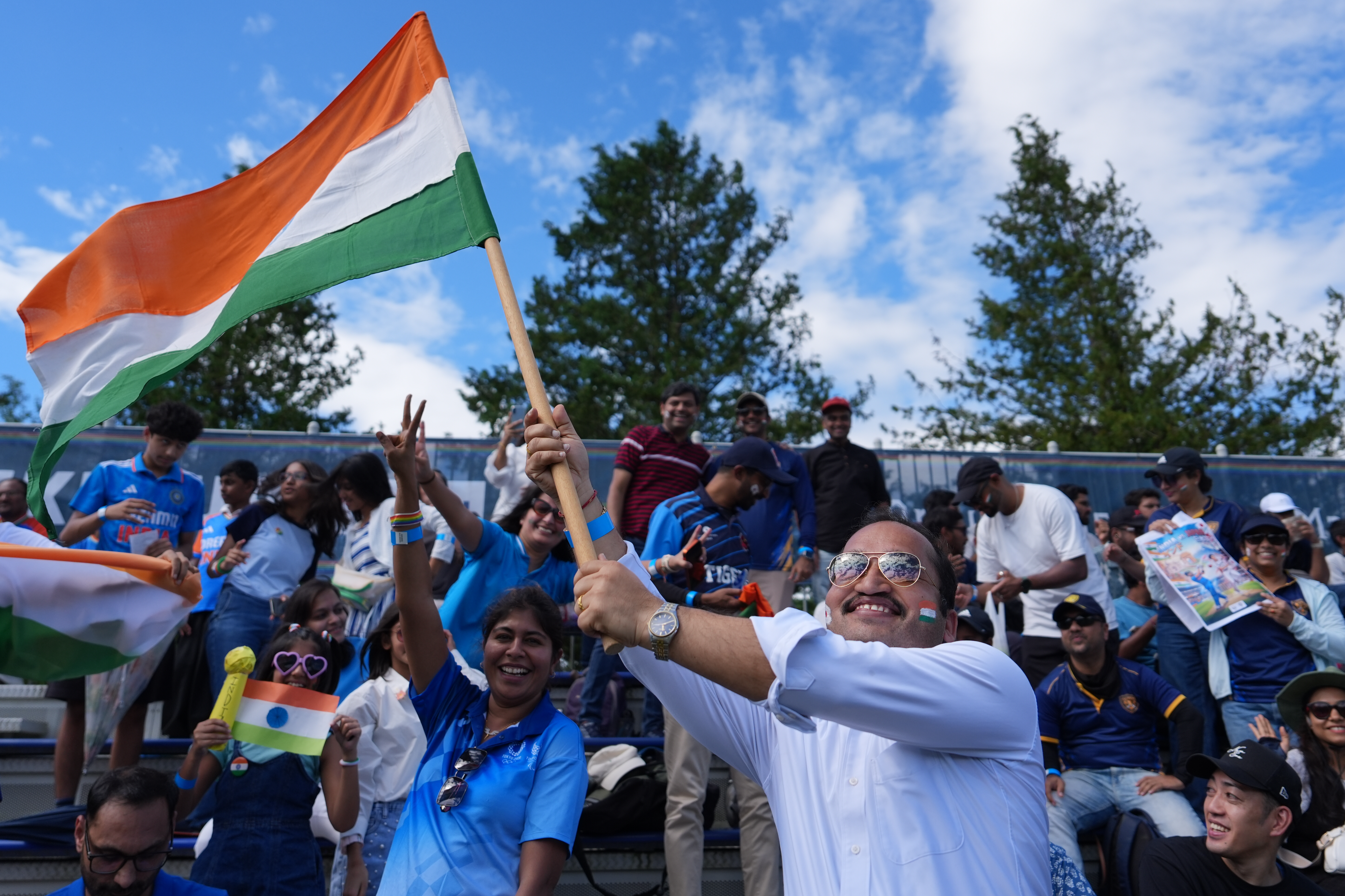 Fans of India cheer before the India vs Japan Suzuki Cup T20 cricket match in Sano, Japan, Tuesday, Sept. 22, 2026, marking 75 years of diplomatic relations between the two countries. 