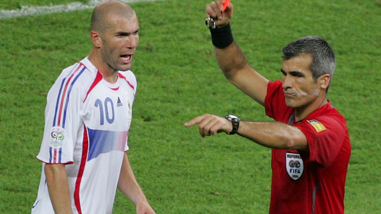FILE - Referee Horacio Elizondo shows the red card to France's Zineidine Zidane during the final of the soccer World Cup between Italy and France in the Olympic Stadium in Berlin, on July 9, 2006.