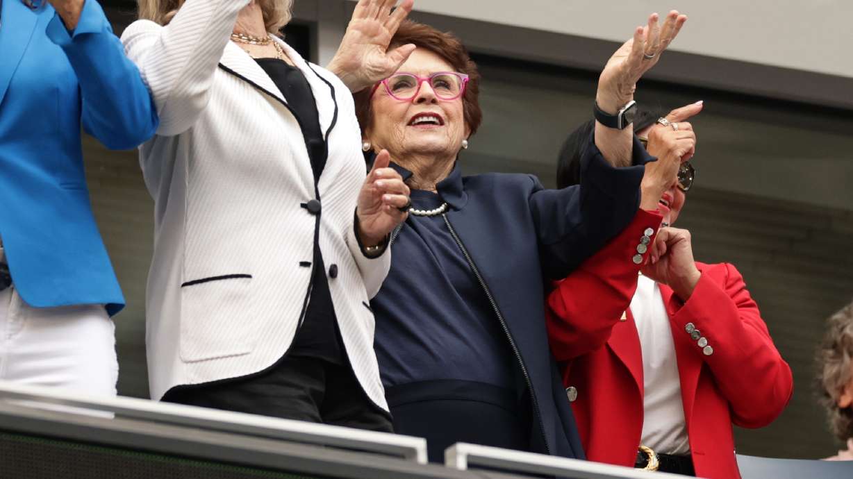 Former tennis player Billie Jean King attends a match between Aryna Sabalenka, of Belarus, and Elena Rybakina, of Kazakhstan, during the women's singles final of the U.S. Open tennis championships Saturday, Sept. 12, 2026, in New York.