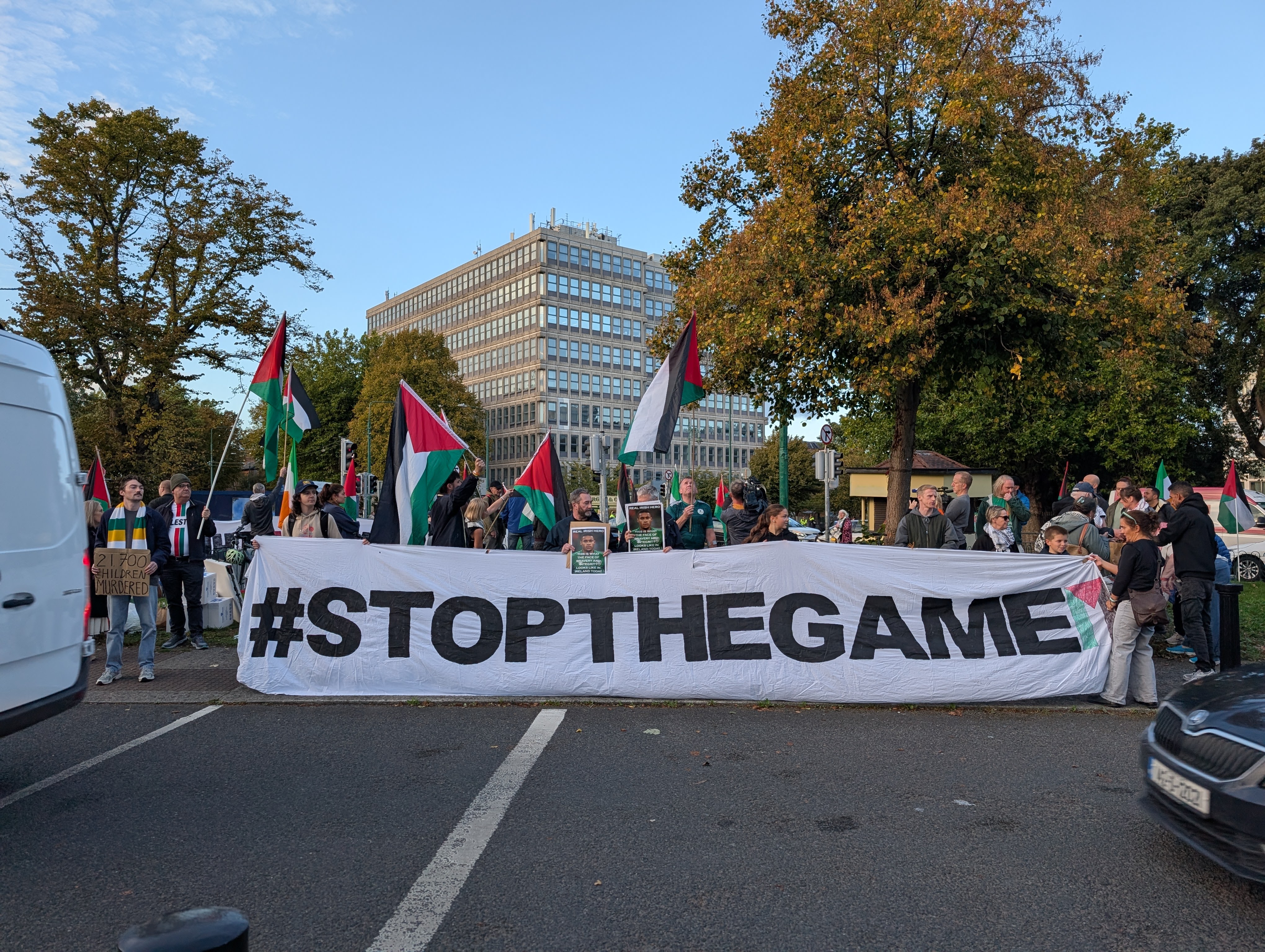 People call on the Football Association of Ireland to boycott Sunday's soccer game against Israel near the Aviva Stadium in Dublin on Thursday, Oct. 1, 2026. 