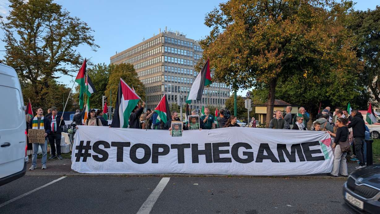People call on the Football Association of Ireland to boycott Sunday's soccer game against Israel near the Aviva Stadium in Dublin on Thursday, Oct. 1, 2026.