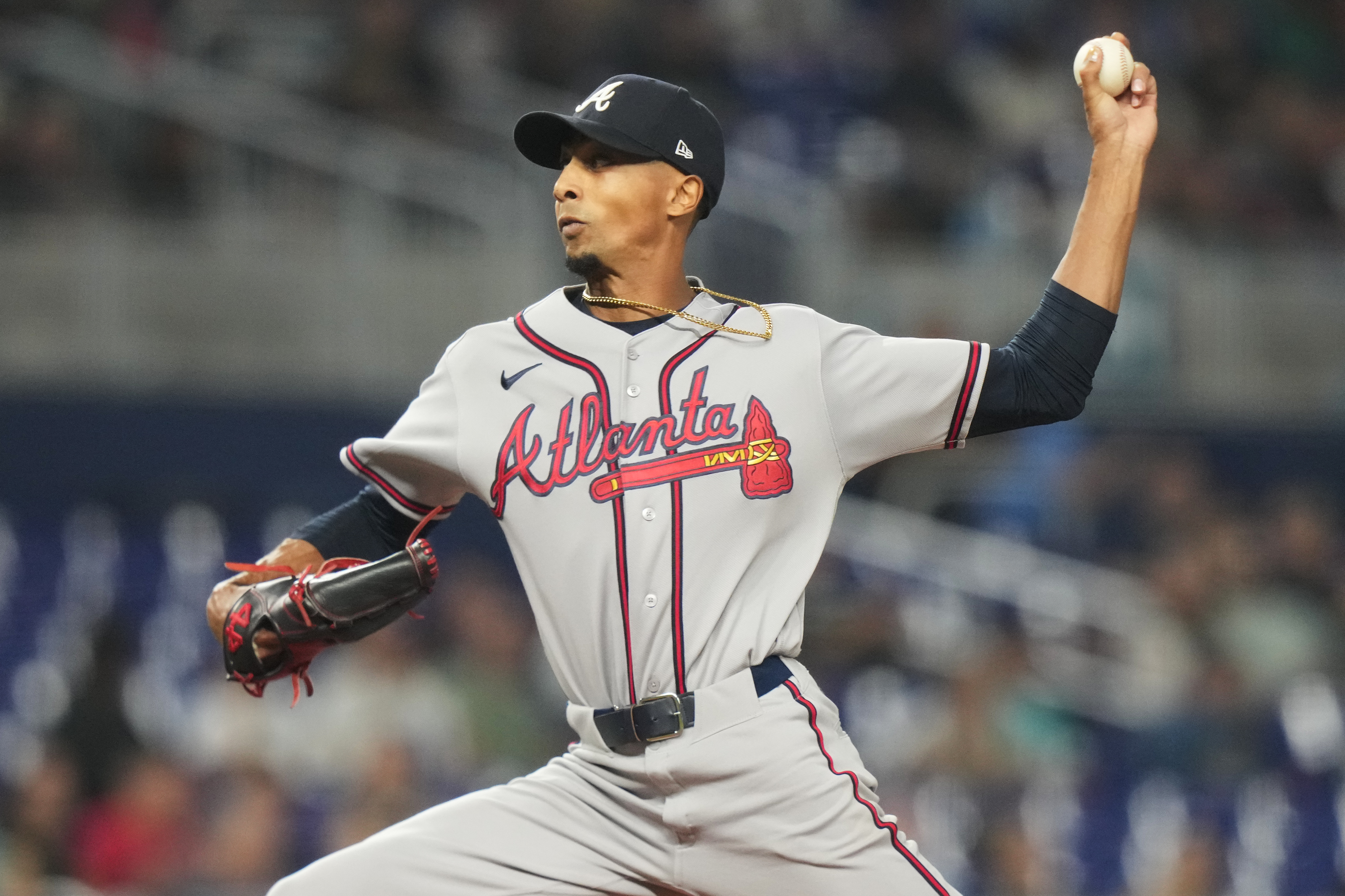 Atlanta Braves starting pitcher Ray Kerr throws during the first inning of a baseball game, against the Miami Marlins Friday, Sept. 25, 2026, in Miami. 