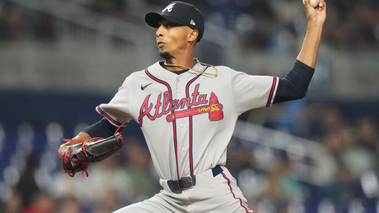 Atlanta Braves starting pitcher Ray Kerr throws during the first inning of a baseball game, against the Miami Marlins Friday, Sept. 25, 2026, in Miami.