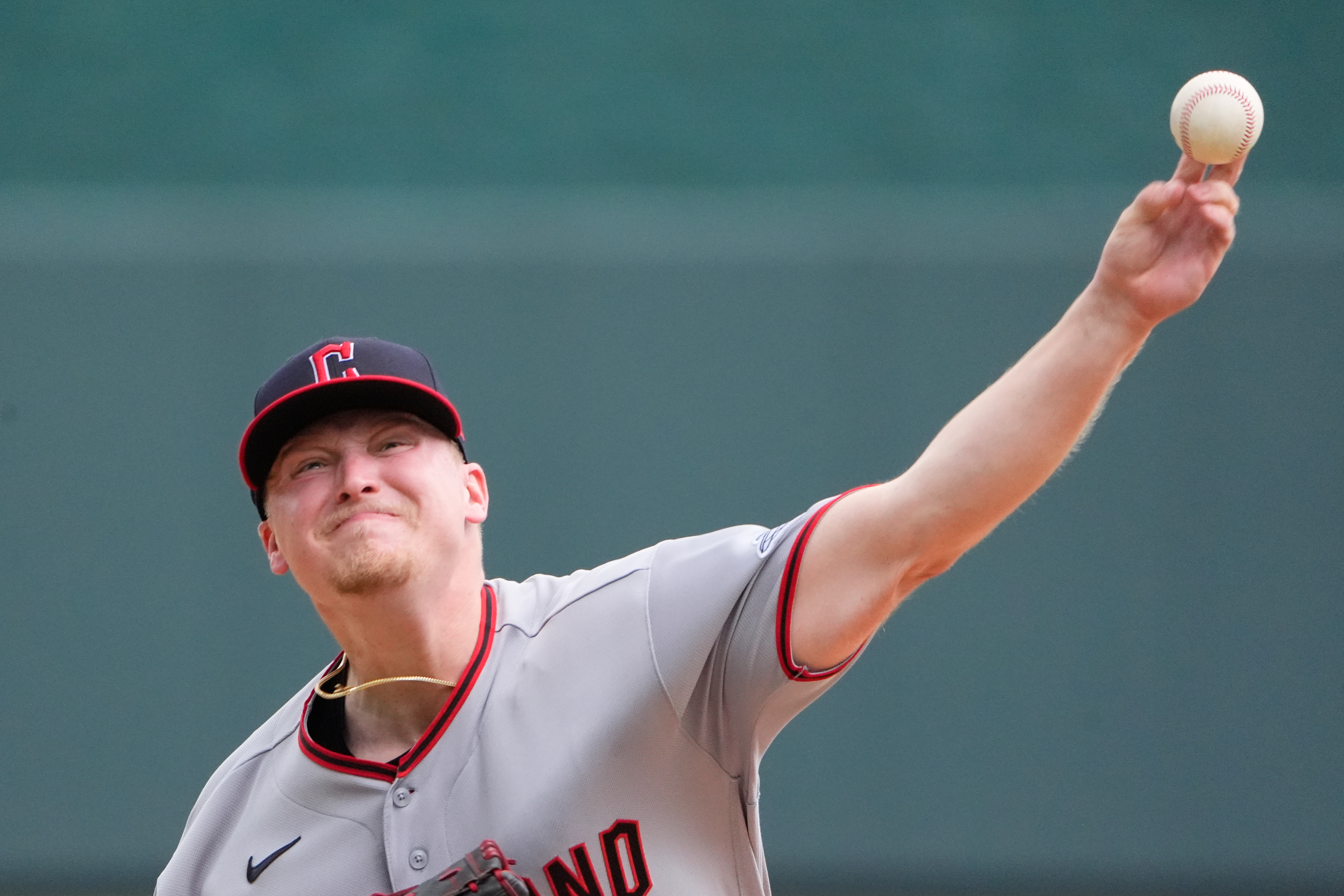 Cleveland Guardians starting pitcher Parker Messick throws during the first inning of a baseball game against the Kansas City Royals, Sunday, Sept. 27, 2026, in Kansas City, Mo. 