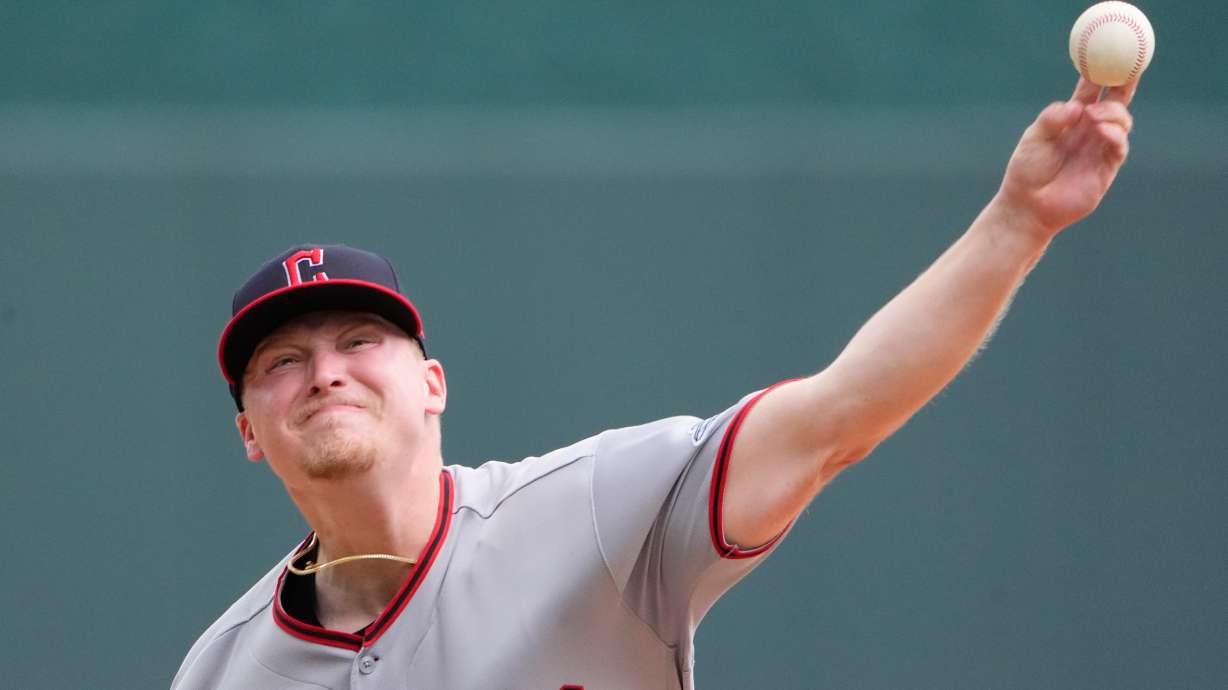 Cleveland Guardians starting pitcher Parker Messick throws during the first inning of a baseball game against the Kansas City Royals, Sunday, Sept. 27, 2026, in Kansas City, Mo.