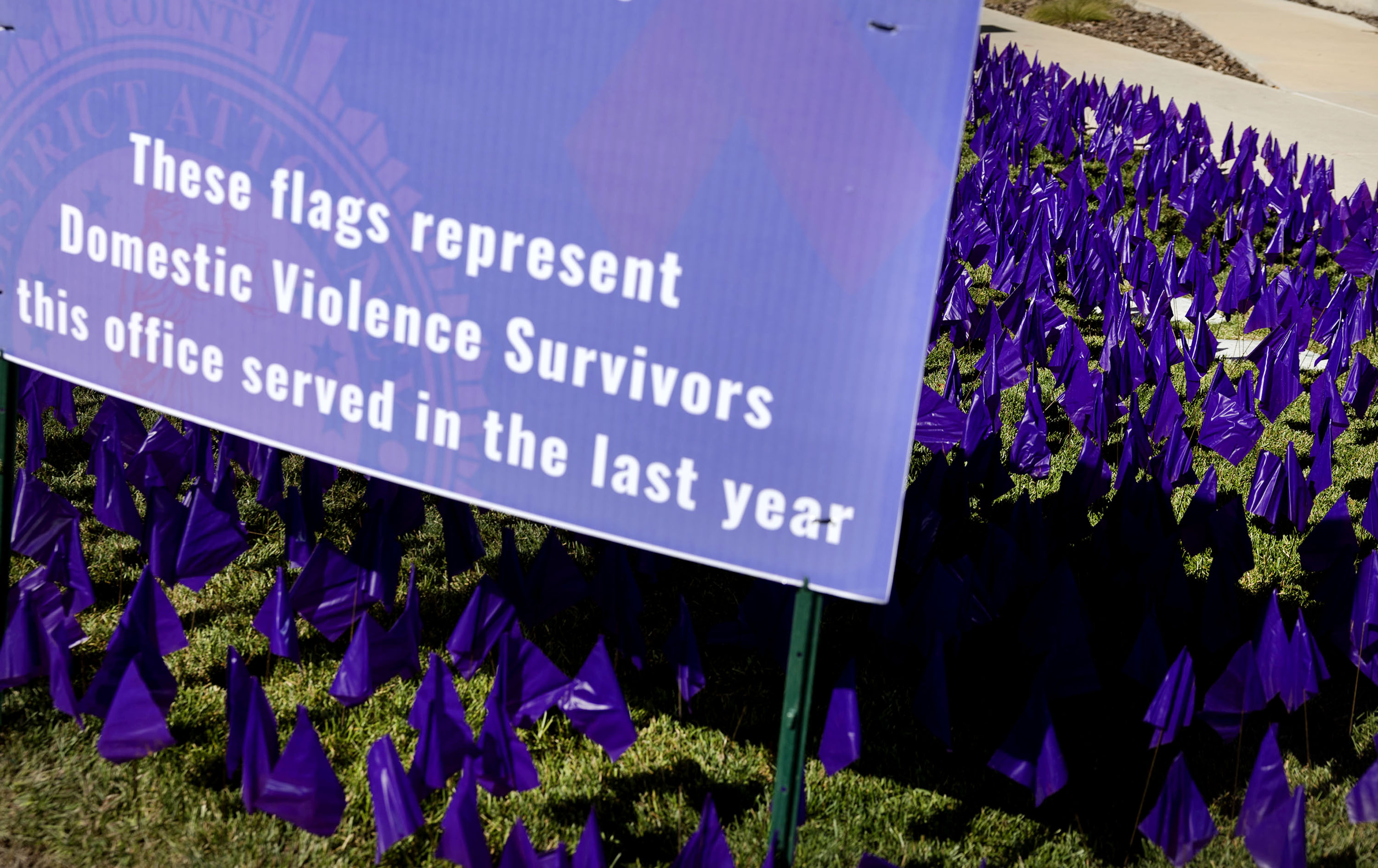 Purple flags are displayed during Domestic Violence Awareness Month at the Salt Lake County District Attorney’s Building in Salt Lake City on Thursday.