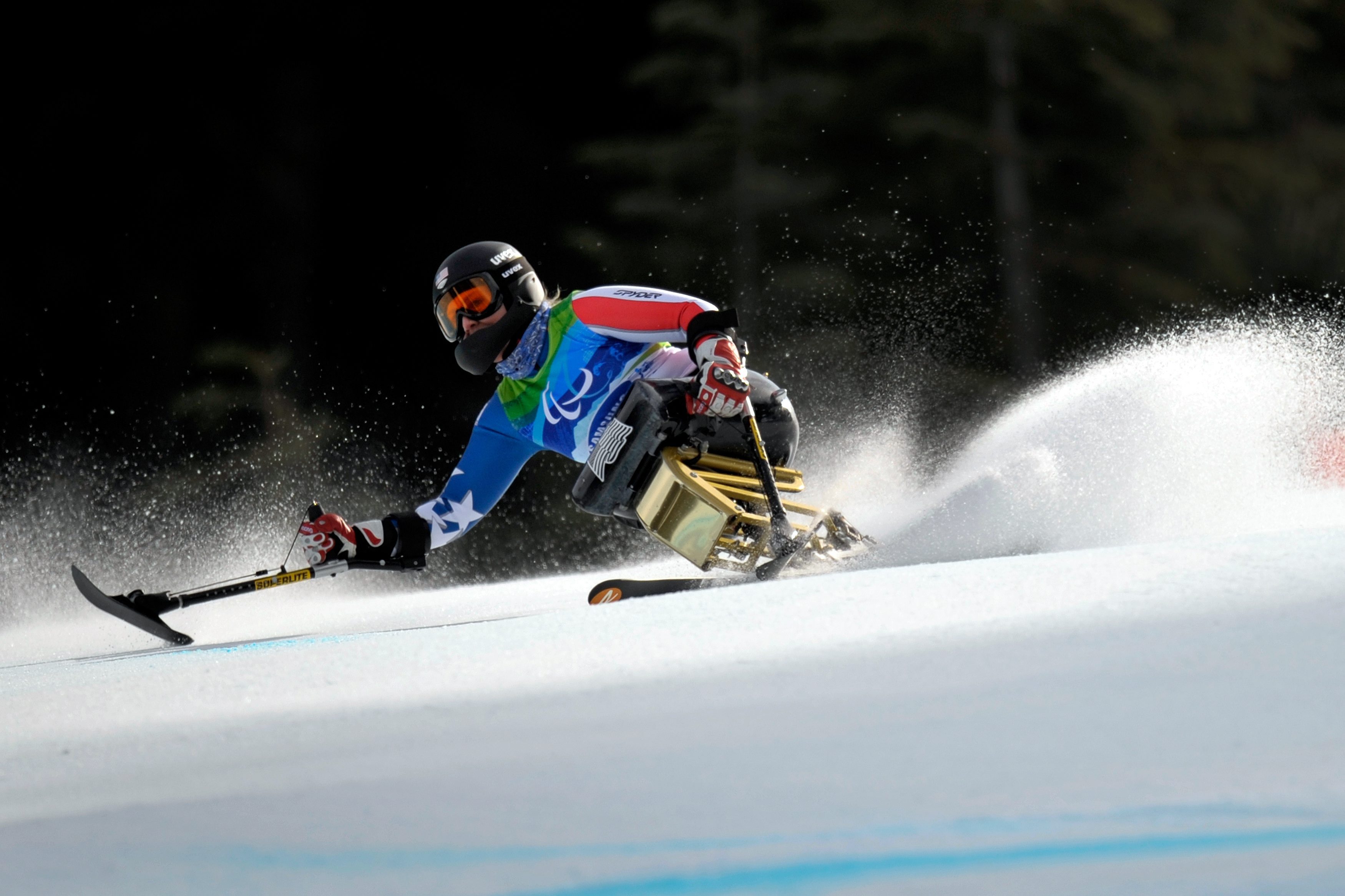 Stephani Victor in action during the first run of the Women's Super Combined sitting of the 2010 Vancouver Winter Paralympics at Whistler Creekside on March 20, 2010 in Whistler, Canada. Victor won the competition.