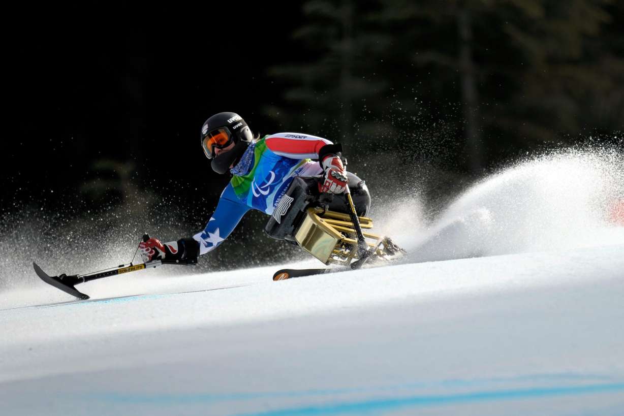 Stephani Victor in action during the first run of the Women's Super Combined sitting of the 2010 Vancouver Winter Paralympics at Whistler Creekside on March 20, 2010 in Whistler, Canada. Victor won the competition.