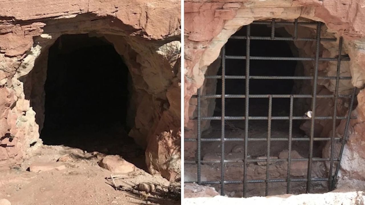 Before and after photos of the opening of an abandoned uranium mine south of Moab, Utah.