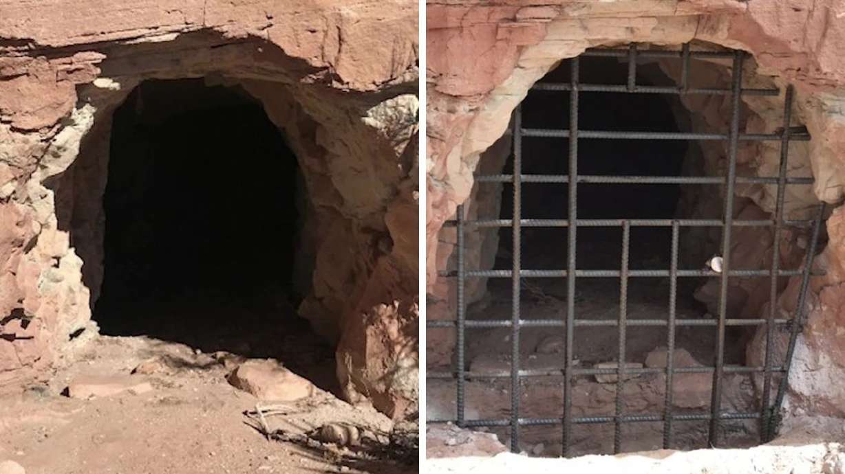 Before and after photos of the opening of an abandoned uranium mine south of Moab, Utah.