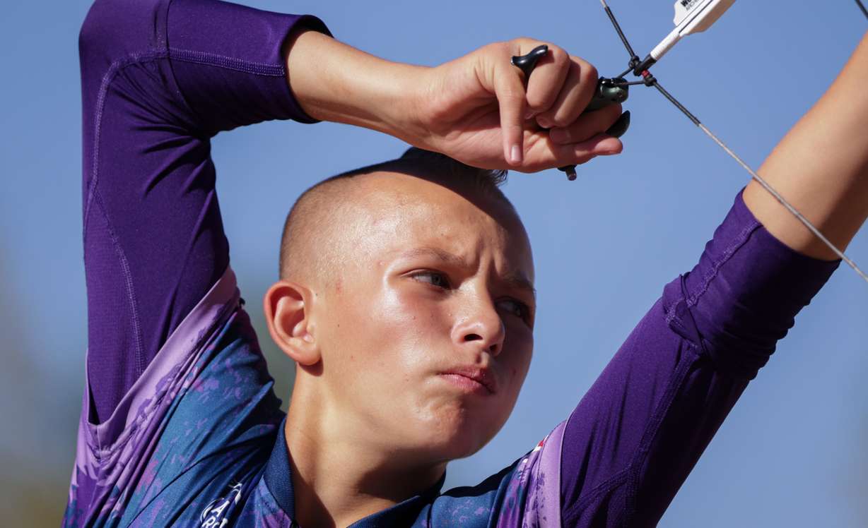 Joukai Omura, 12, demonstrates his archery technique at Weber County Archery Park in Ogden on Thursday.