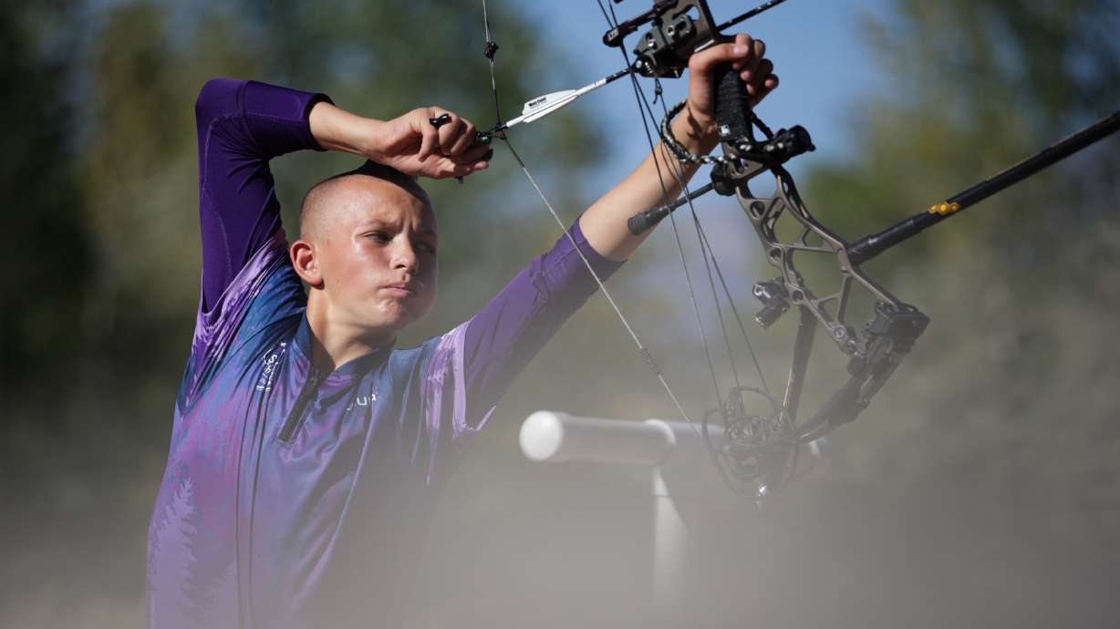 Joukai Omura, 12, demonstrates his archery technique at Weber County Archery Park in Ogden on Thursday.