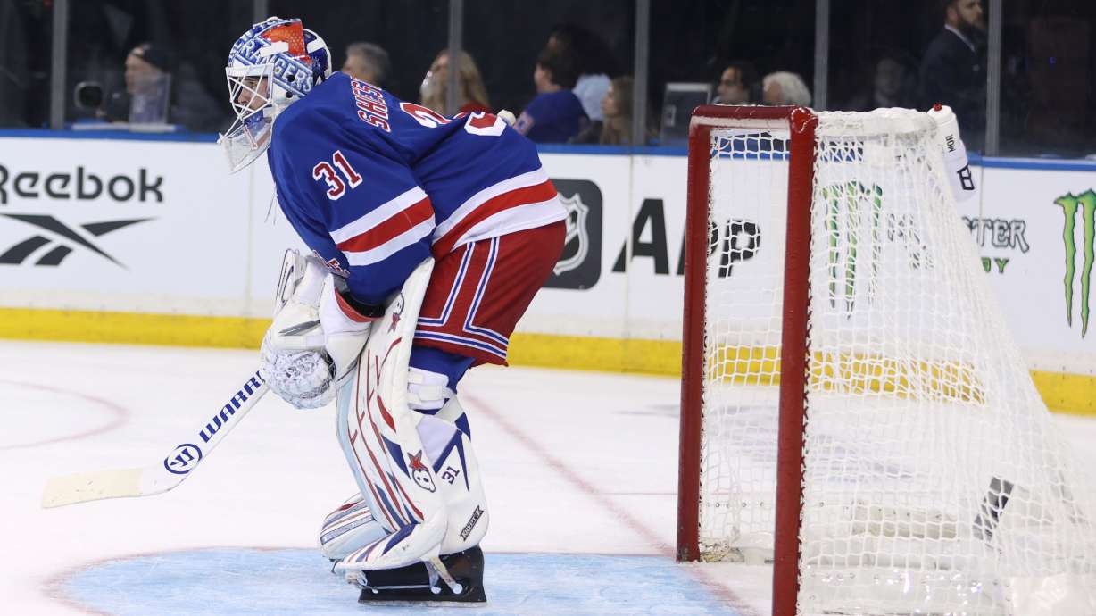 New York Rangers goaltender Igor Shesterkin stands in the goal during the first period of an NHL hockey game against the Tampa Bay Lightning, Thursday, Oct. 1, 2026, in New York.