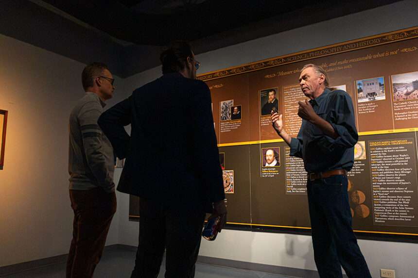 Rod Hansen, director of exhibitions for the Museum of Idaho, talking with members of local media about the institutions newest exhibit on Galileo. |