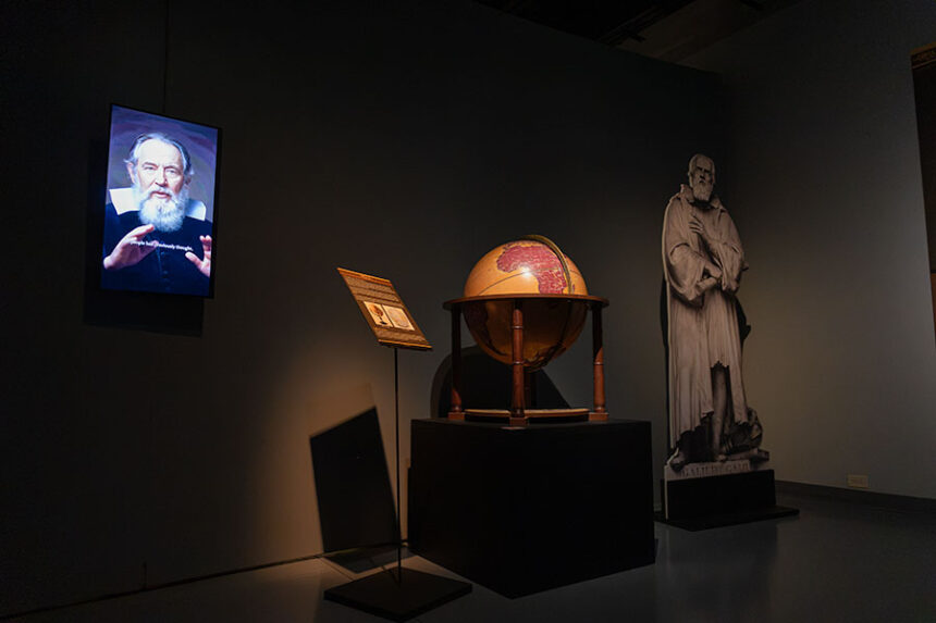 An artificial intelligence version of Galileo Galilei explains the process of his experiments at the Museum of Idaho.