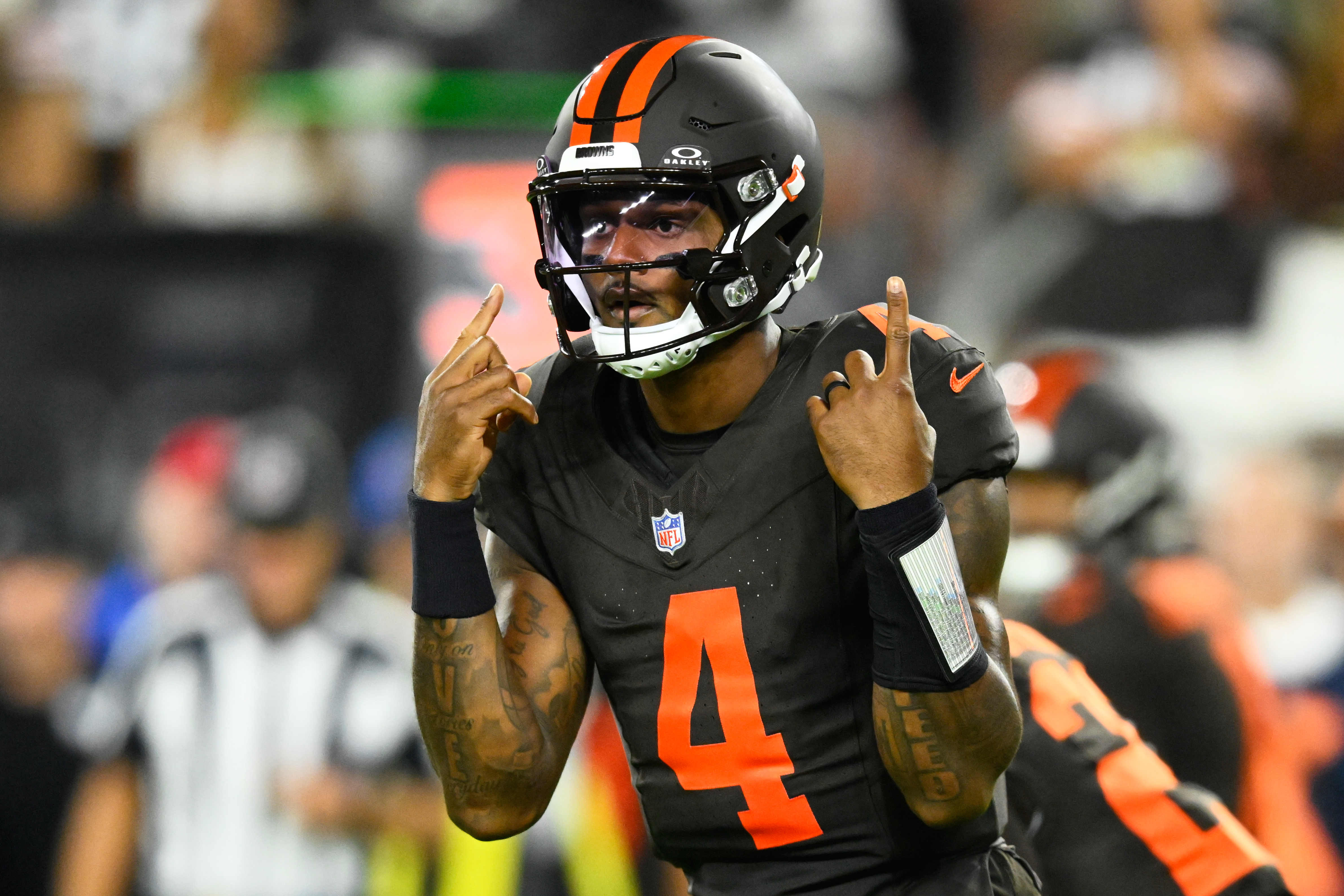 Cleveland Browns quarterback Deshaun Watson plats against the Pittsburgh Steelers during the first half of an NFL football game in Cleveland, Thursday, Oct. 1, 2026. 