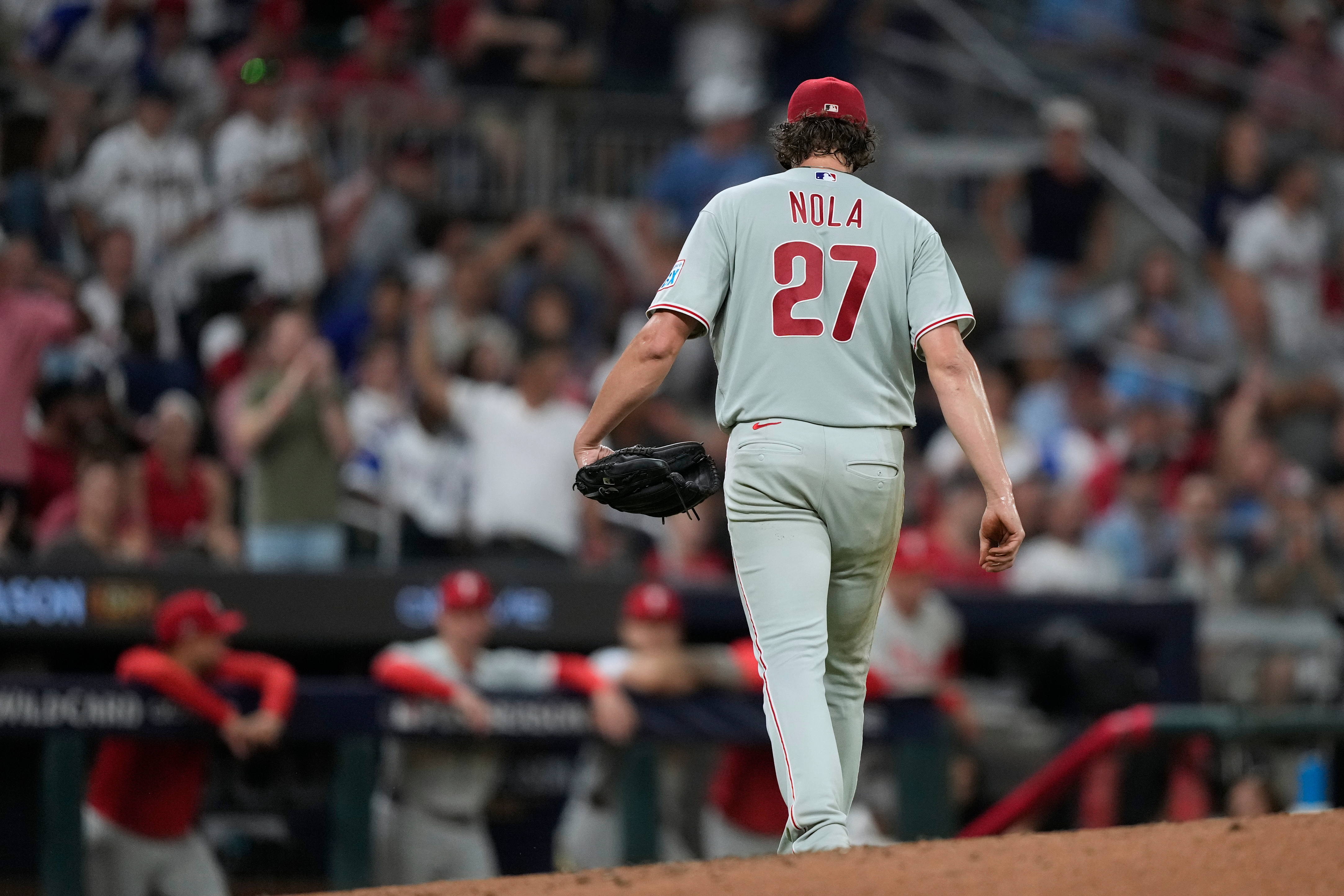Philadelphia Phillies pitcher Aaron Nola is pulled against the Atlanta Braves in the second inning during Game 3 of baseball's NL Wild Card Series, Thursday, Oct. 1, 2026, in Atlanta. 