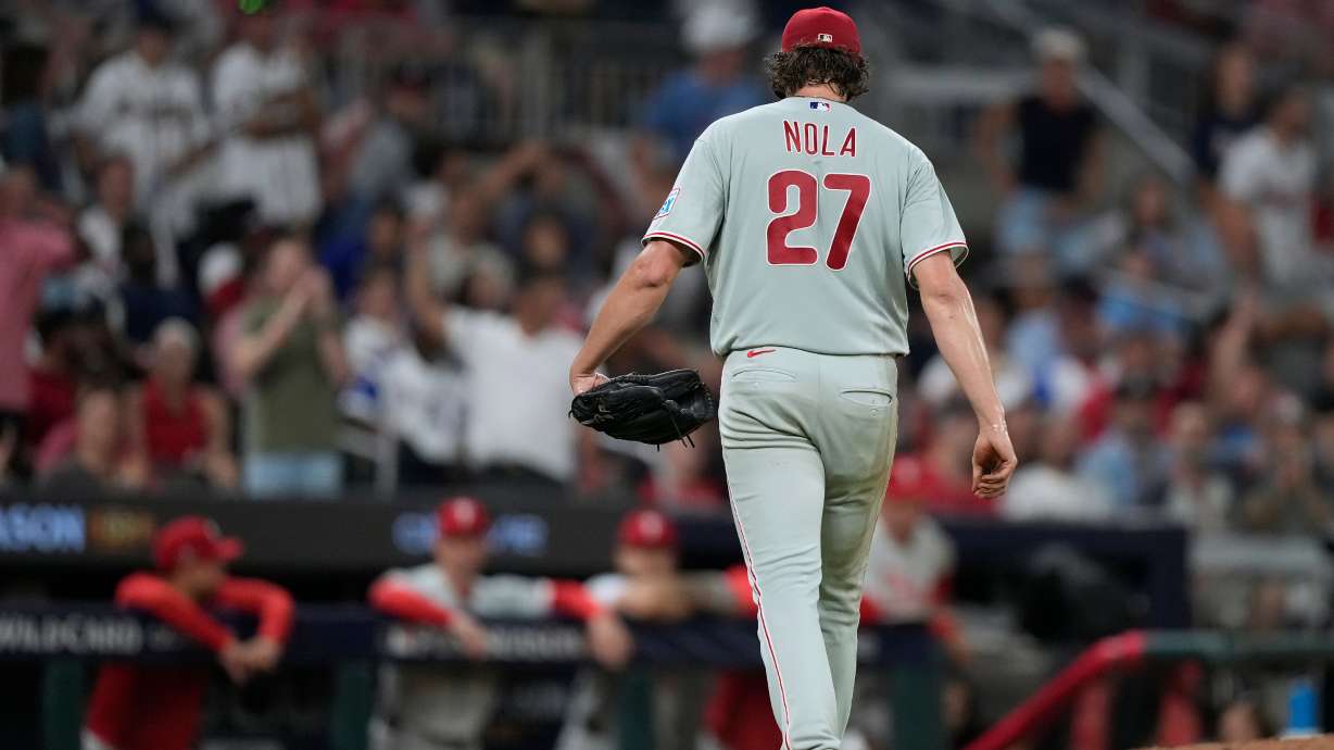 Philadelphia Phillies pitcher Aaron Nola is pulled against the Atlanta Braves in the second inning during Game 3 of baseball's NL Wild Card Series, Thursday, Oct. 1, 2026, in Atlanta.