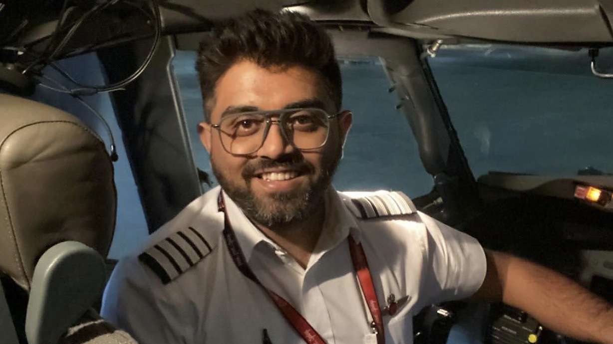 Indian Capt. Smit Machchhar in the cockpit of a plane in an unknown location. Machchhar was at the controls of a FlyDubai flight that was diverted to Tabuk in northwestern Saudi Arabia for an emergency landing on Wednesday.