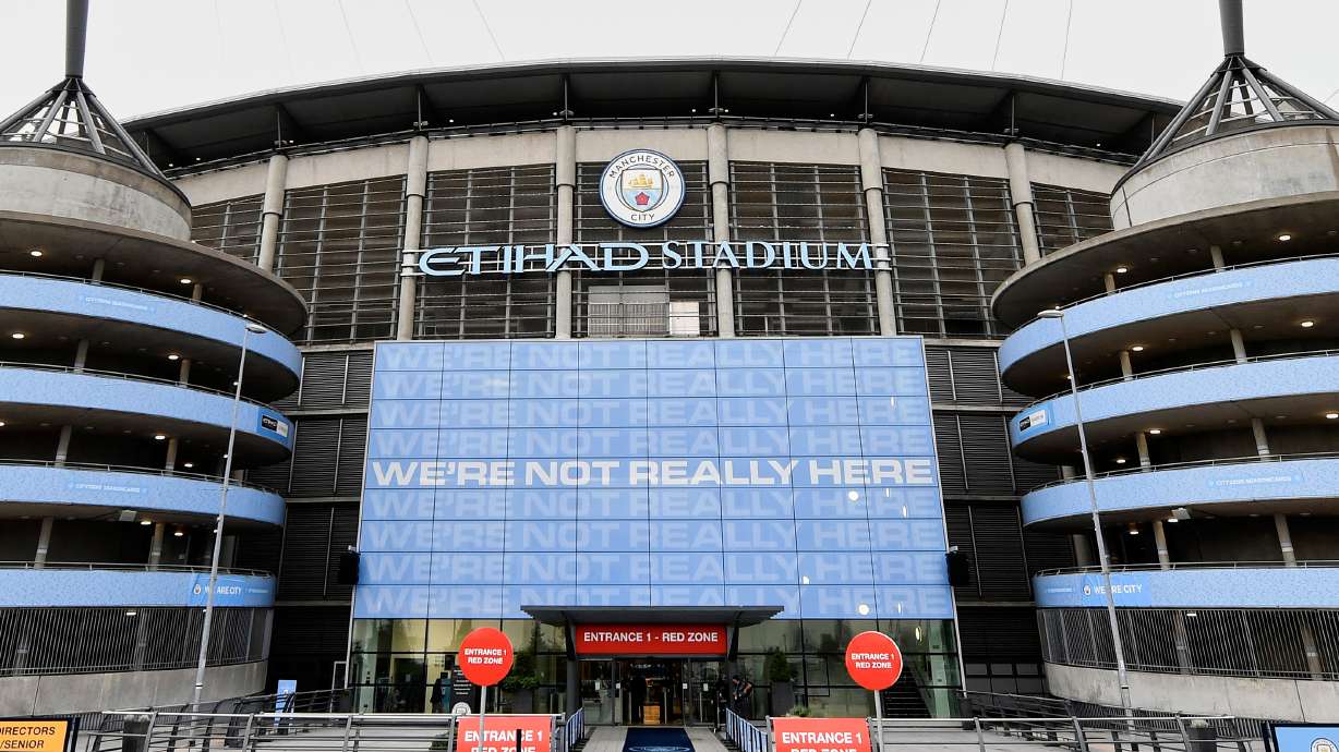 FILE - A exterior shot of the stadium before the English Premier League soccer match between Manchester City and Arsenal at the Etihad Stadium in Manchester, England, Wednesday, June 17, 2020.